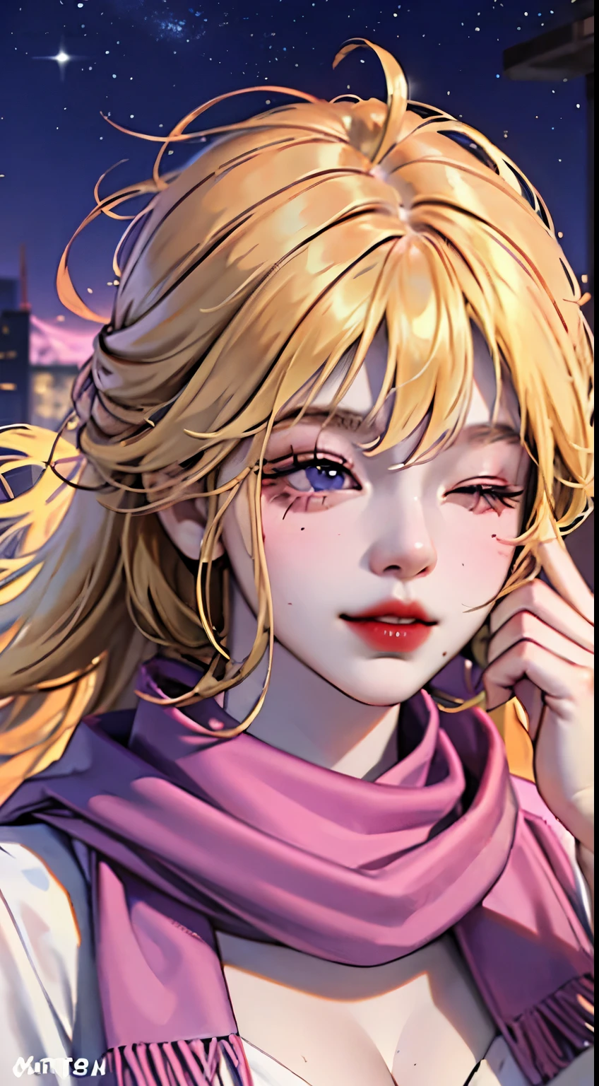 1girl, ahoge, bangs, blonde hair, blowing kiss, blue eyes, blue scarf, brown scarf, cleavage, closed mouth, eyelashes, face, floating hair, hair between eyes, heart, lips, lipstick, long hair, looking at viewer, makeup, night sky, nose, one eye closed, orange scarf, pink lips, pink scarf, portrait, purple eyes, realistic, red lips, red scarf, scarf, signature, smile, solo, space, spoken heart, star (sky), starry sky, upper body, watermark, yang xiao long, yellow scarf