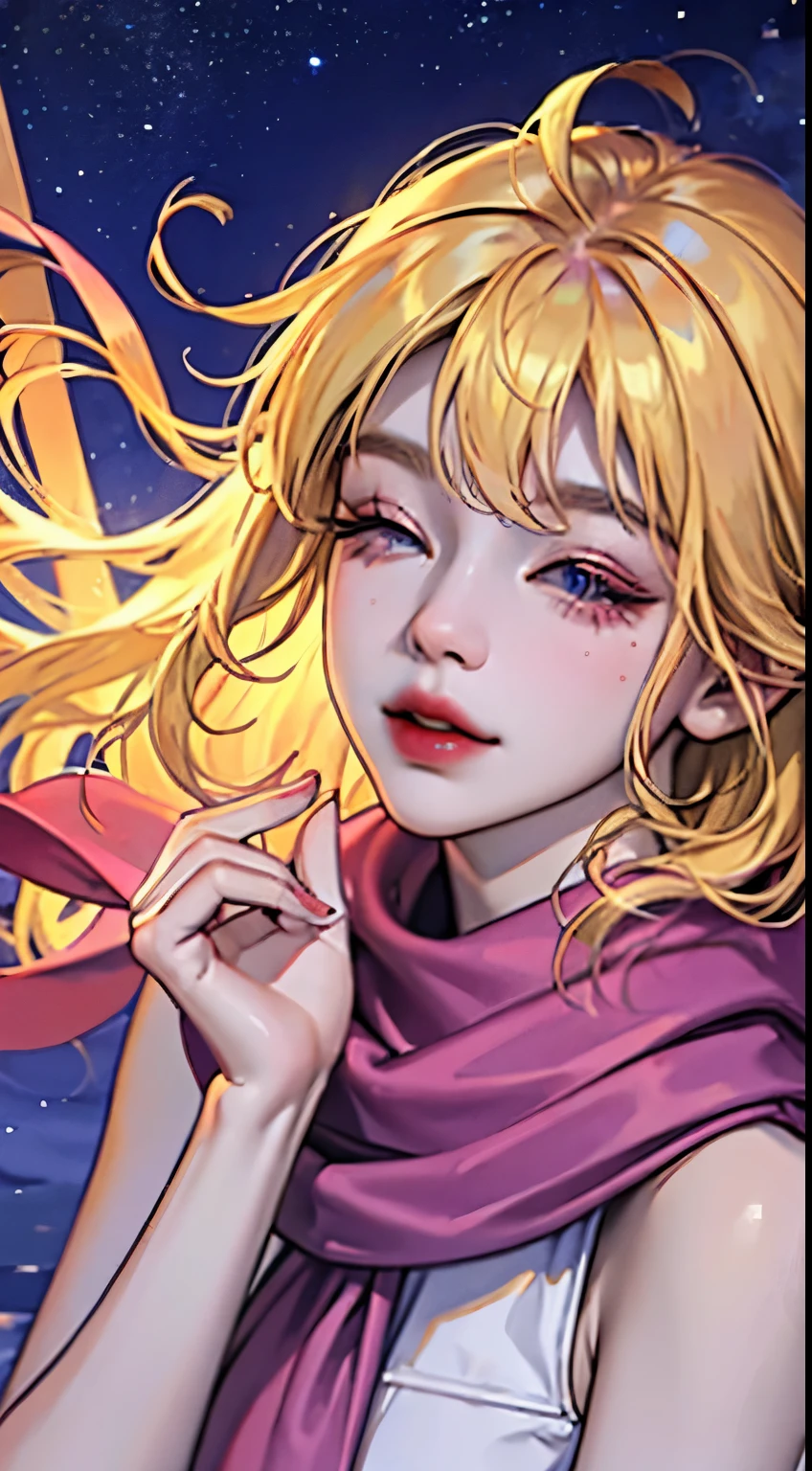 1girl, ahoge, bangs, blonde hair, blowing kiss, blue eyes, blue scarf, brown scarf, cleavage, closed mouth, eyelashes, face, floating hair, hair between eyes, heart, lips, lipstick, long hair, looking at viewer, makeup, night sky, nose, one eye closed, orange scarf, pink lips, pink scarf, portrait, purple eyes, realistic, red lips, red scarf, scarf, signature, smile, solo, space, spoken heart, star (sky), starry sky, upper body, watermark, yang xiao long, yellow scarf