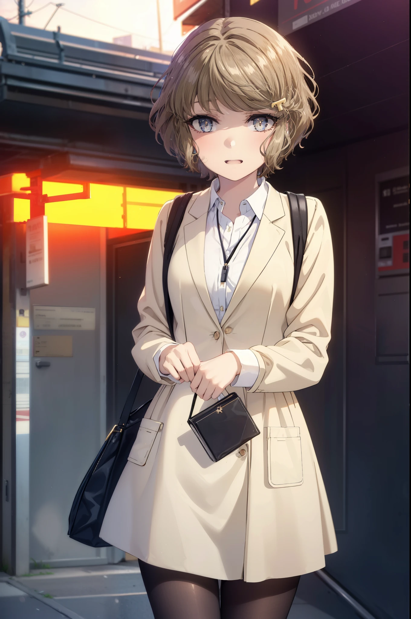 tomoekoga, Chie Koga, short hair, brown hair, blue eyes, hair clip,big breasts ,happy smile, smile, open your mouth,OL,  yellow long coat　The front desk is empty,end, black suit jacket, collared jacket, white dress shirt, collared shirt, neckline, button, strap, ID card on the neck, black pencil skirt, black pantyhose, stiletto heels,sunset,evening,
break outdoors, city,building street,
break looking at viewer, (cowboy shot:1.5),
break (masterpiece:1.2), highest quality, High resolution, unity 8k wallpaper, (shape:0.8), (fine and beautiful eyes:1.6), highly detailed face, perfect lighting, Very detailed CG, (perfect hands, perfect anatomy),