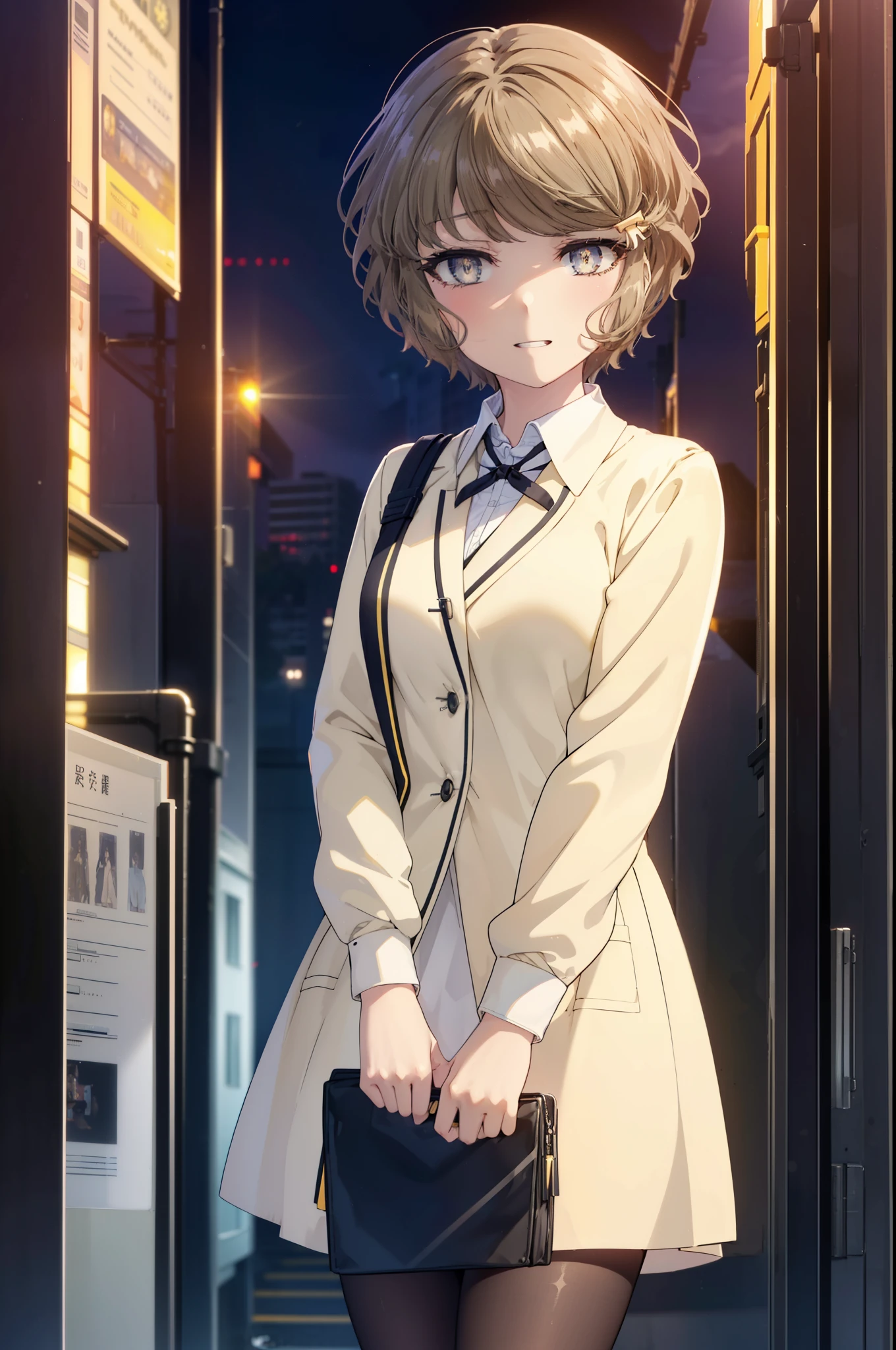 tomoekoga, Chie Koga, short hair, brown hair, blue eyes, hair clip,big breasts ,happy smile, smile, open your mouth,OL, yellow long coat The front desk is empty,end, black suit jacket, collared jacket, white dress shirt, collared shirt, neckline, button, strap, ID card on the neck, black pencil skirt, black pantyhose, stiletto heels,sunset,evening,
break outdoors, city,building street,
break looking at viewer, (cowboy shot:1.5),
break (masterpiece:1.2), highest quality, High resolution, unity 8k wallpaper, (shape:0.8), (fine and beautiful eyes:1.6), highly detailed face, perfect lighting, Very detailed CG, (perfect hands, perfect anatomy),