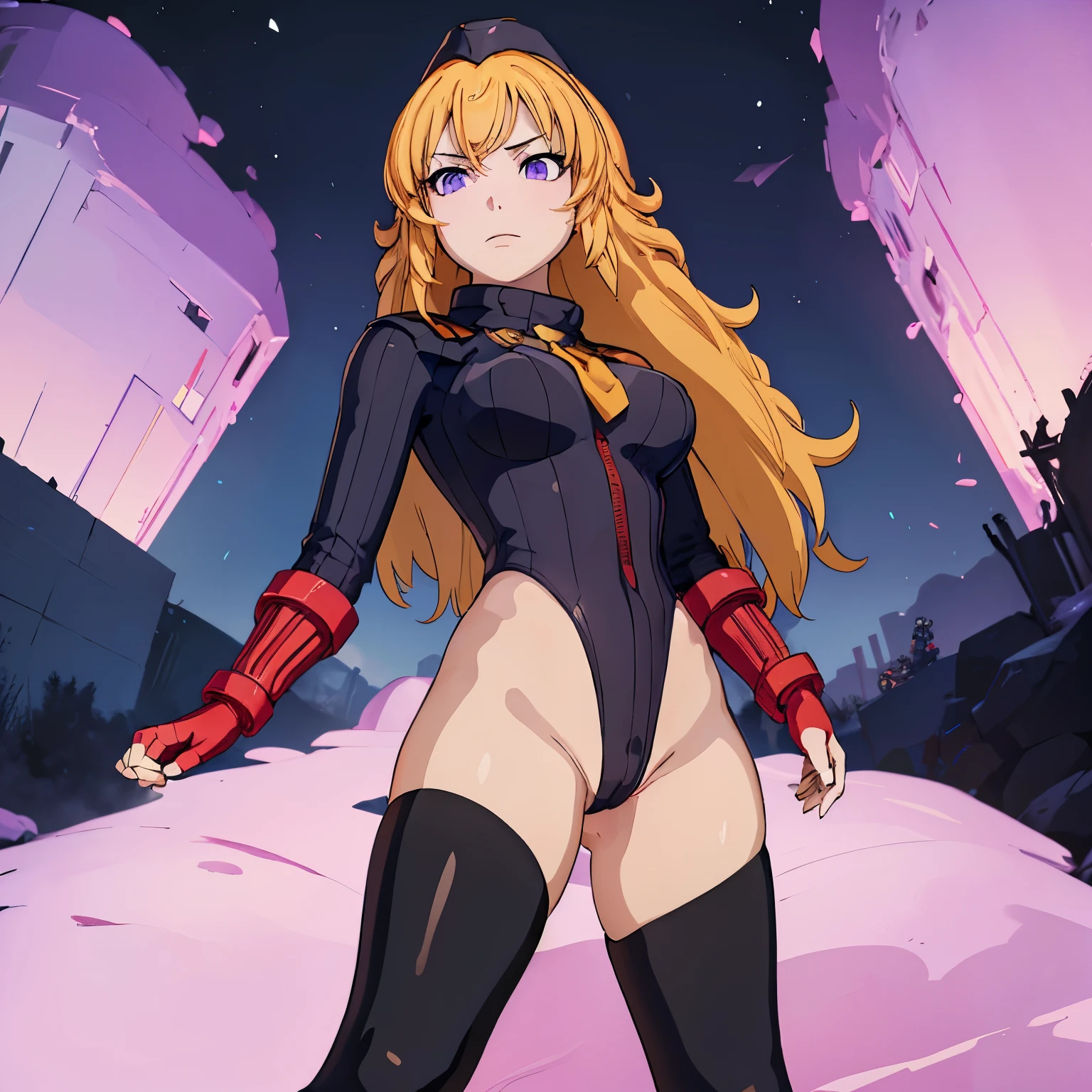 ultra-detailed, Explicit, Beautiful body, Beautiful Nose, Beautiful character design, perfect eyes, perfect face, ultra highres, 4K, beautiful legs, perfect legs, Nice hands, Perfect hand, Masterpiece, Best Quality, Highly detailed, illustration, absurdres, perfect anatomy, street fighter, doll suit, shadaloo doll, dollsuit, expressionless, blank eyes, looking at viewer, red gloves, emotionless, black latex, corruption, mind control, female combatant, full body, hypnotized, unhappy trance, full body suit, ribbed bodysuit, both arms at side, obey, perfect female body, extremely glossy latex, hypnosis, hypnoLora, empty eyes, Mind control device, poses, submissive_pose, Slave, standing straight, standing, standing at attention, hat, necktie, belt, latex, ribbed bodysuit, thigh Highs, garter belt, Fighting Stance, extending the right arm from the shoulder into the air with a straightened hand, military, thigh boots, black pantyhose, (((pixel-perfect, detail-perfect))), solo, 1girl, hair ornaments, long hair, blond hair, purple eyes, yang xiao long, huge breast, punching