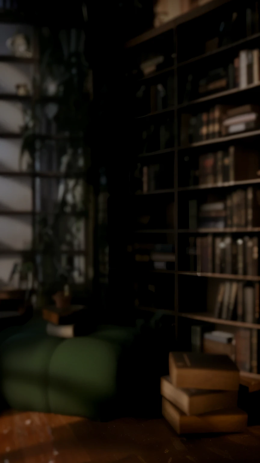 There is a cat sitting on a chair in the room, alchemist library background, library background, tilt shift library background, blurry background of the library, library interior background, gloomy library, dusty library, personal room background, magical library bokeh, in a gloomy library, some background blur, Realistic cinematic rendering, dark library, Detailed architectural visualization renderings, background = library