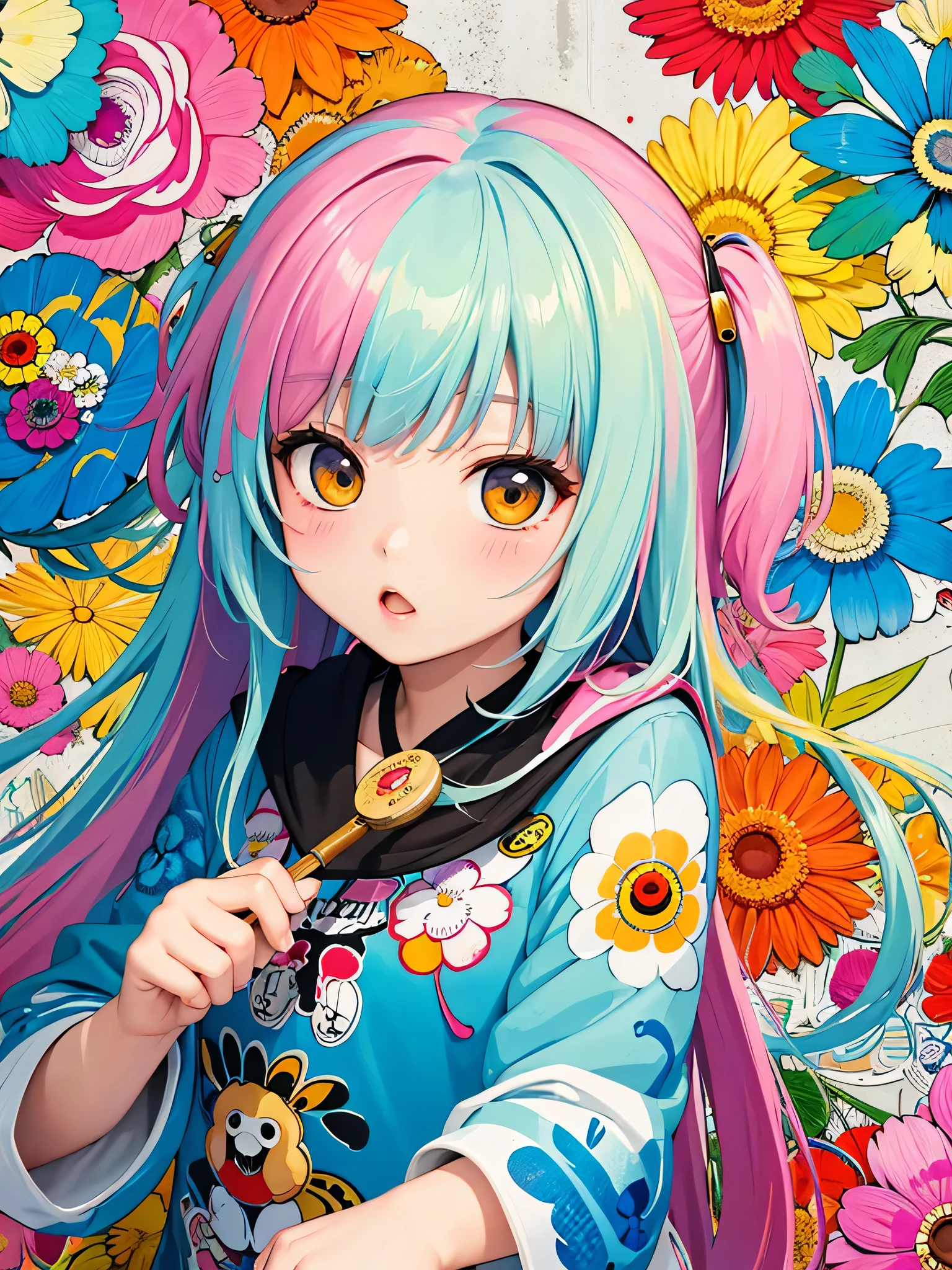Takashi Murakami style、8K quality, Takashi murakami&#39;illustration of, intense watercolor, watercolor detailed art, watercolor splash, surreal, avant-garde pop art, Beautiful and expressive paintings, beautiful artwork illustration of, very colorful tones, wonderful, cool beauty, highest quality,official art, vector art,stylish design, ((most beautiful girl ever))), (((highest quality))), HDR, ((Detailed details)), (((graffiti art))), ((masterpiece))、((Super detailed))、(((colorful flowers)))、(((future city street)))
