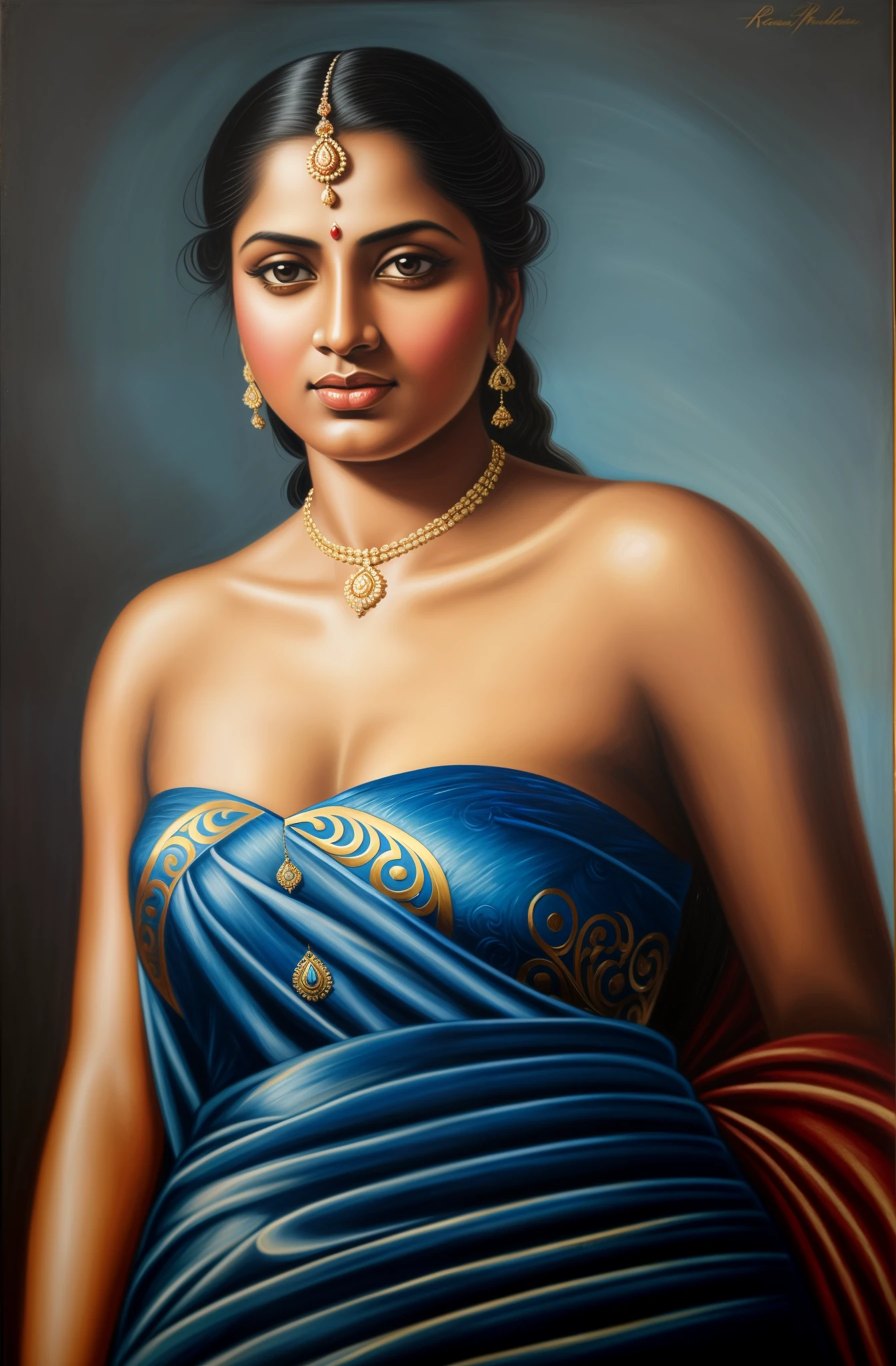 painting of a woman in a blue dress with a gold necklace, inspired by Raja Ravi Varma, by Raja Ravi Varma, portrait of a beautiful goddess, a stunning portrait of a goddess, portrait of modern darna, beautiful face , enchantress, ravishing beauty, perfect hands and fingers, charming, portrait of a goddess, indian girl with brown skin, portrait painting of a princess, gorgeous woman, oil painting of realistic woman, indian empress