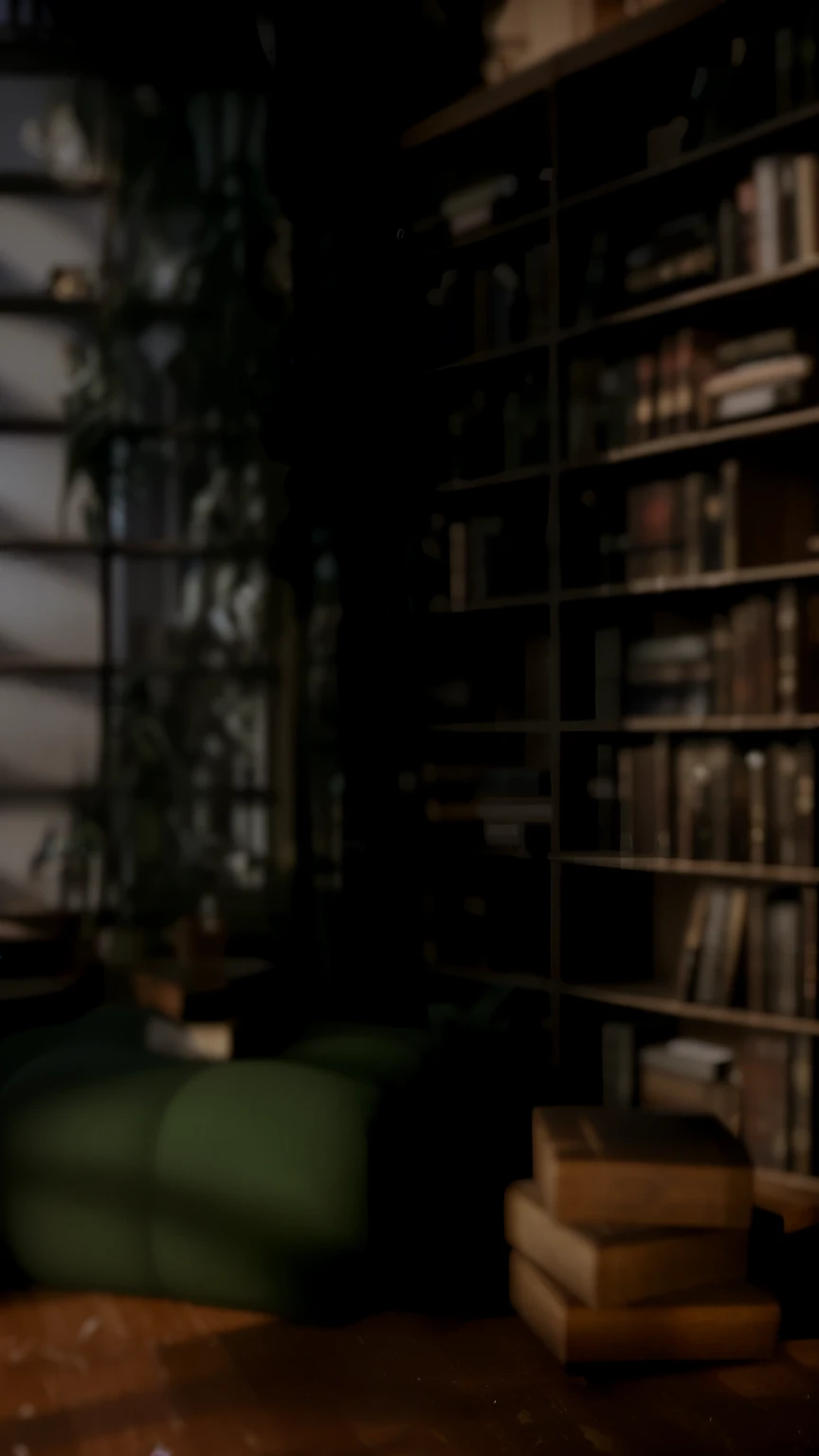 There is a cat sitting on a chair in the room, alchemist library background, library background, tilt shift library background, blurry background of the library, library interior background, gloomy library, dusty library, personal room background, magical library bokeh, in a gloomy library, some background blur, Realistic cinematic rendering, dark library, Detailed architectural visualization renderings, background = library