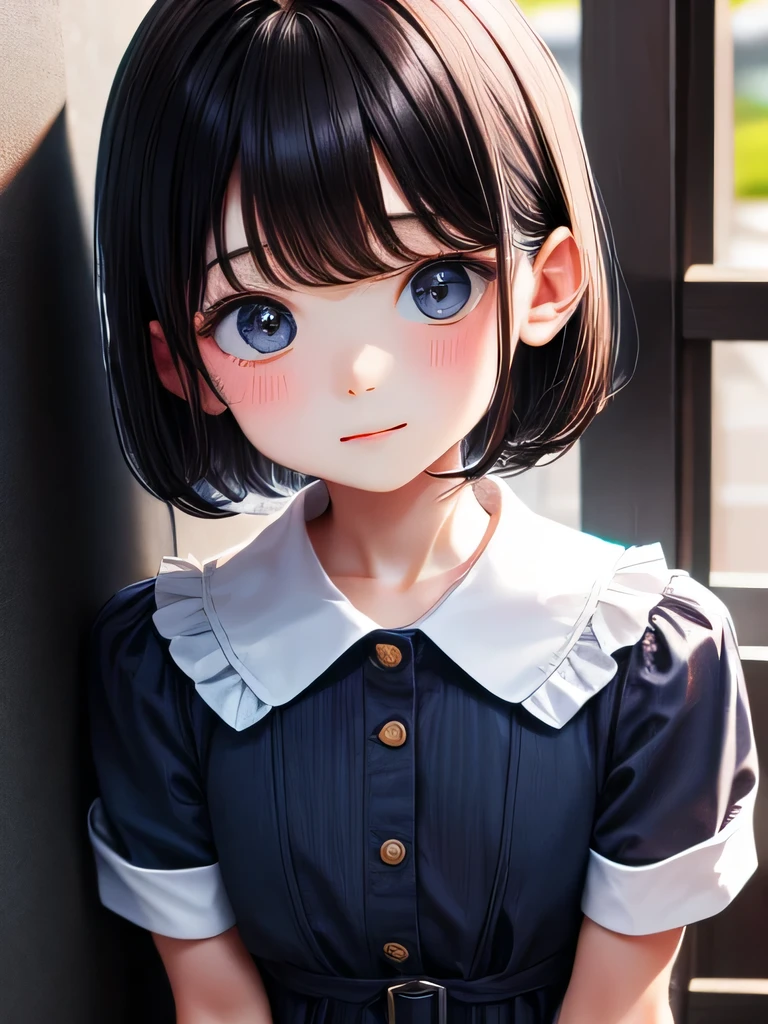 Twin little siater's, 5 , bangs, short hair, balck collor hair, cute face, wearing dress blue collor