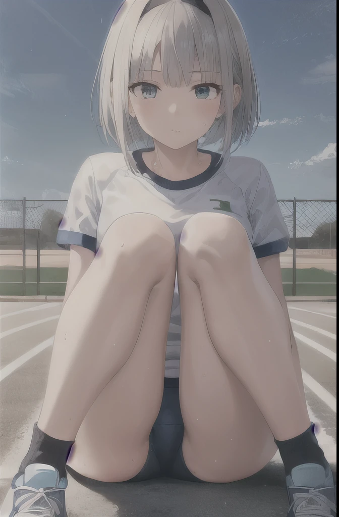 1 girl,alone,Youmu,white shirt,white socks, Gym suit,Dark blue bloomers, sports shoes, sitting, get your knees up,schoolyard,outdoor, blue sky,Sweat, front elevation
break
(masterpiece, highest quality,Super detailed,)