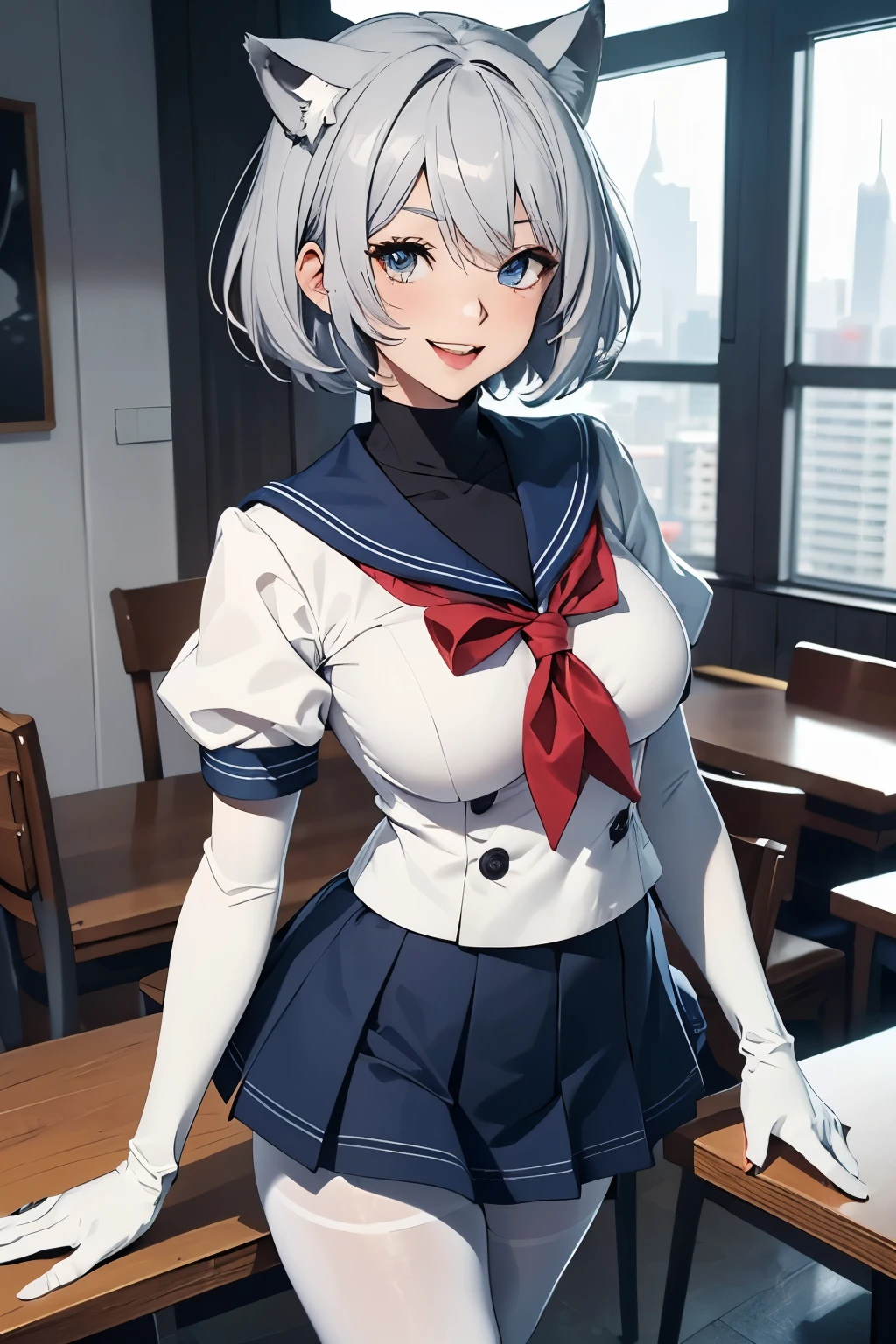 table top High level image quality best image quality 8K adult woman portrait white long gloves(elbow gloves) white pantyhose sailor suit(No sleeve)navy blue mini skirt white wolf ears short hair((shortcut)(gray hair)(perm)(fluffy)) eye color is blue attractive face((laughter)(smile)(open your mouth)) beautiful feet Are standing view from below