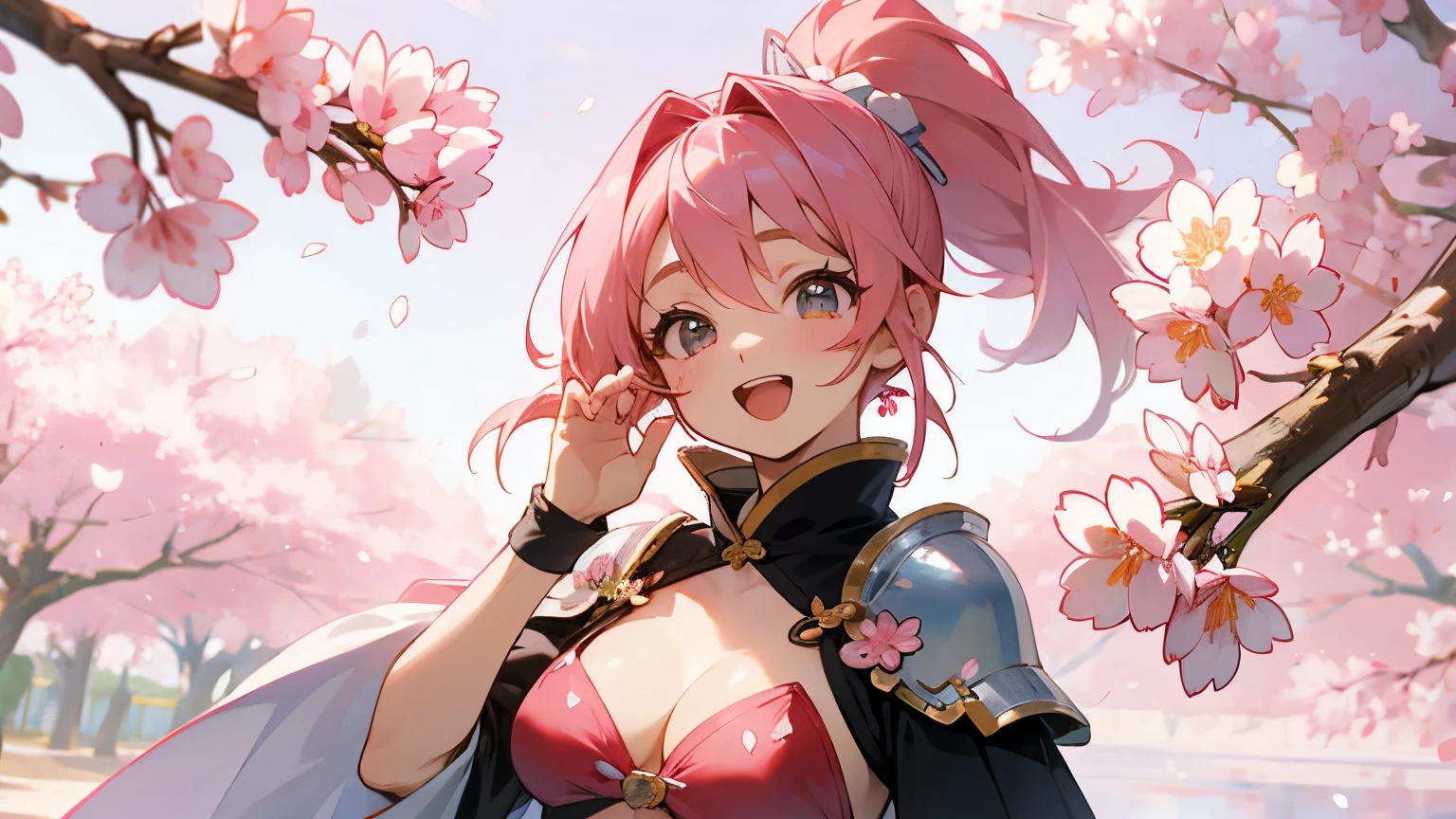 masterpiece、High resolution、highest quality、4k、whole body、1 beautiful girl、real anime、warrior、cherry blossom bikini armor、Big eyes、cute eyes、pink hair、ponytail、open mouth smile、cheek、raising one hand、A small bird is perched on one hand.、super big breasts、cleavage、Background of many cherry blossoms blooming、Many cherry blossom petals are flying、