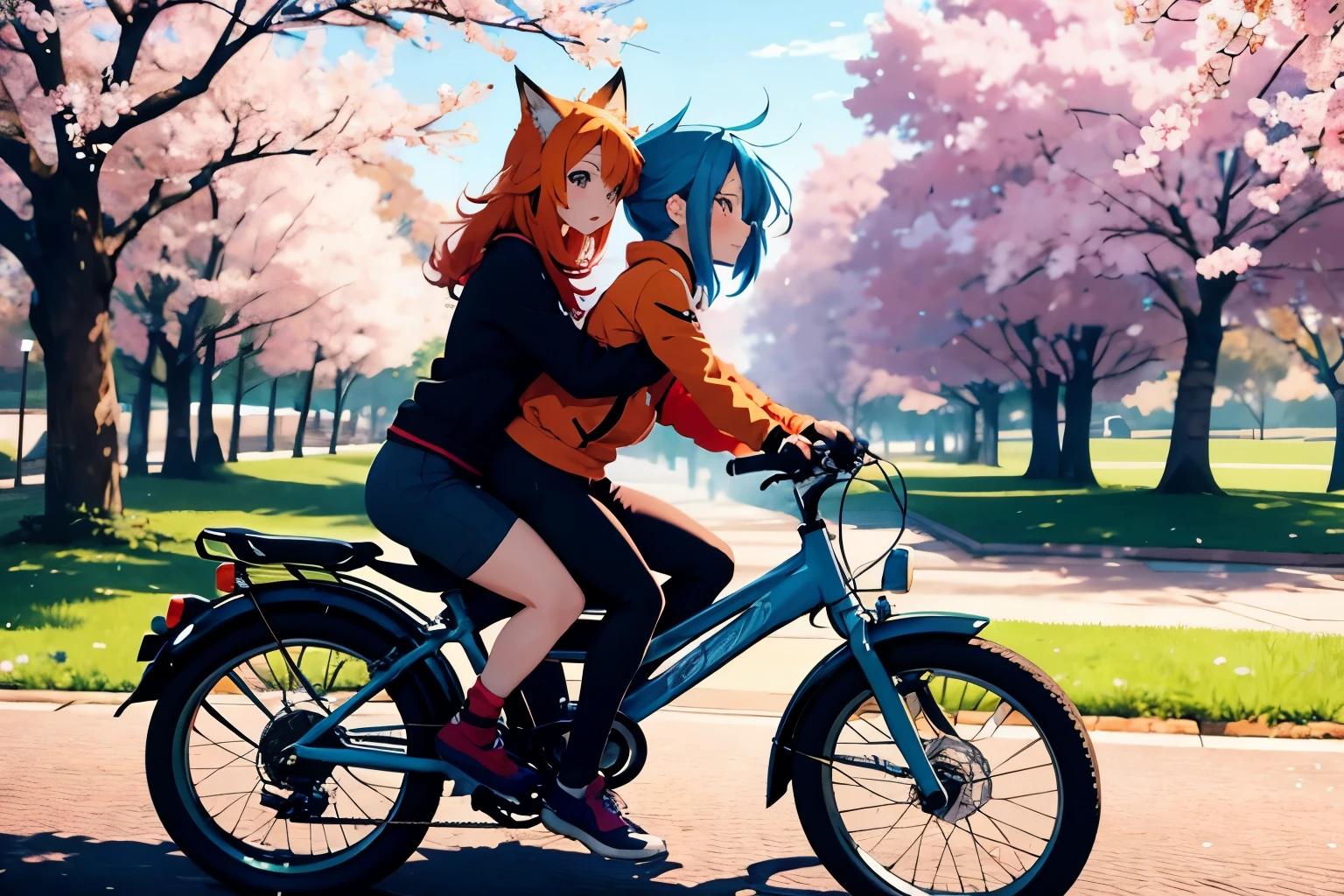 anime lesbian couple, on a single bike, cherry blossom park, back ride, grass, blue haired pedaling, her back ride is a fox anime girl with orange hair