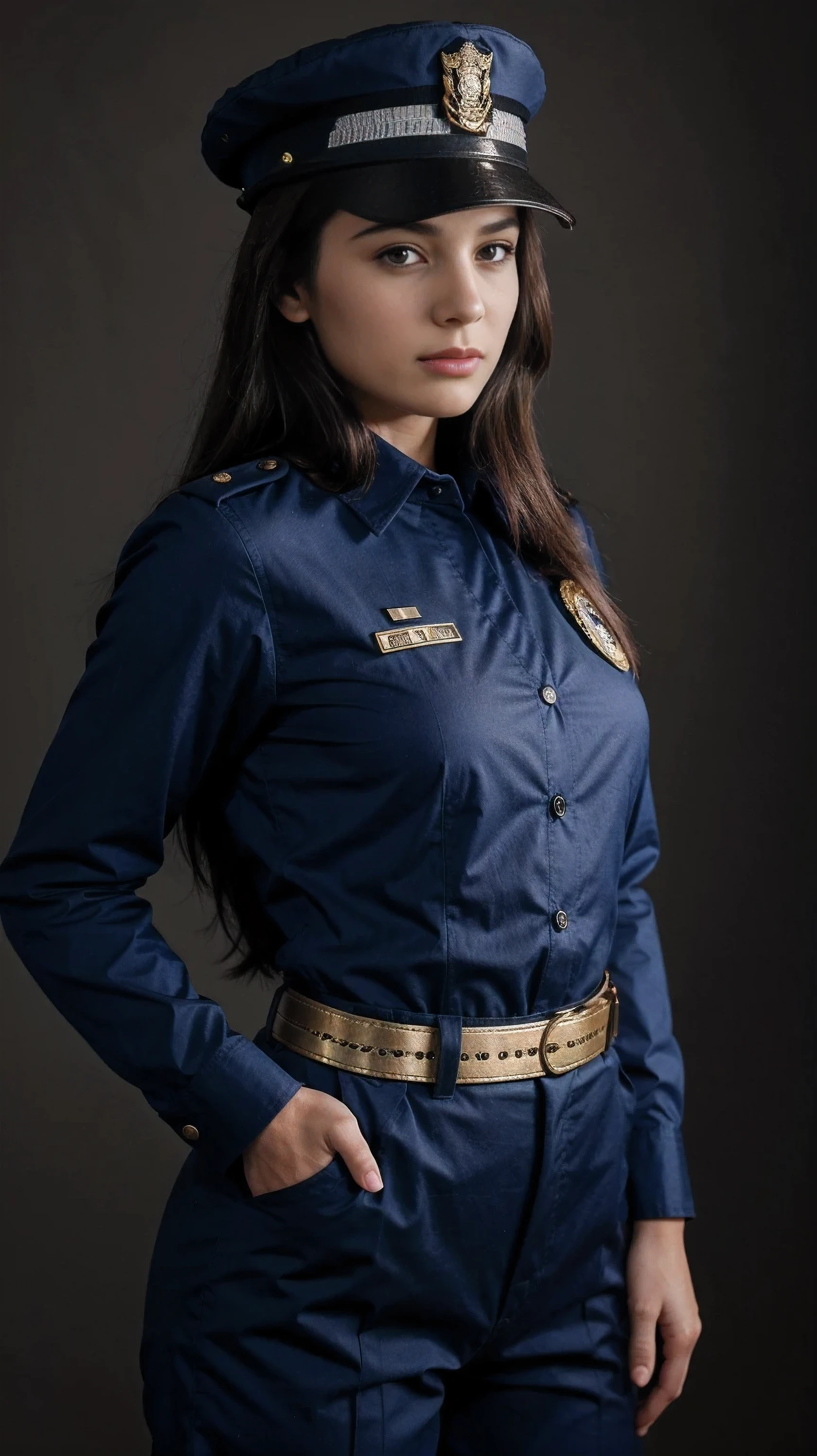 A woman in a police uniform stands at attention. She has long, wavy brown hair and wears a hat with a gold emblem on it. Her uniform is blue with a brown belt. The background is a colorful, striped pattern.