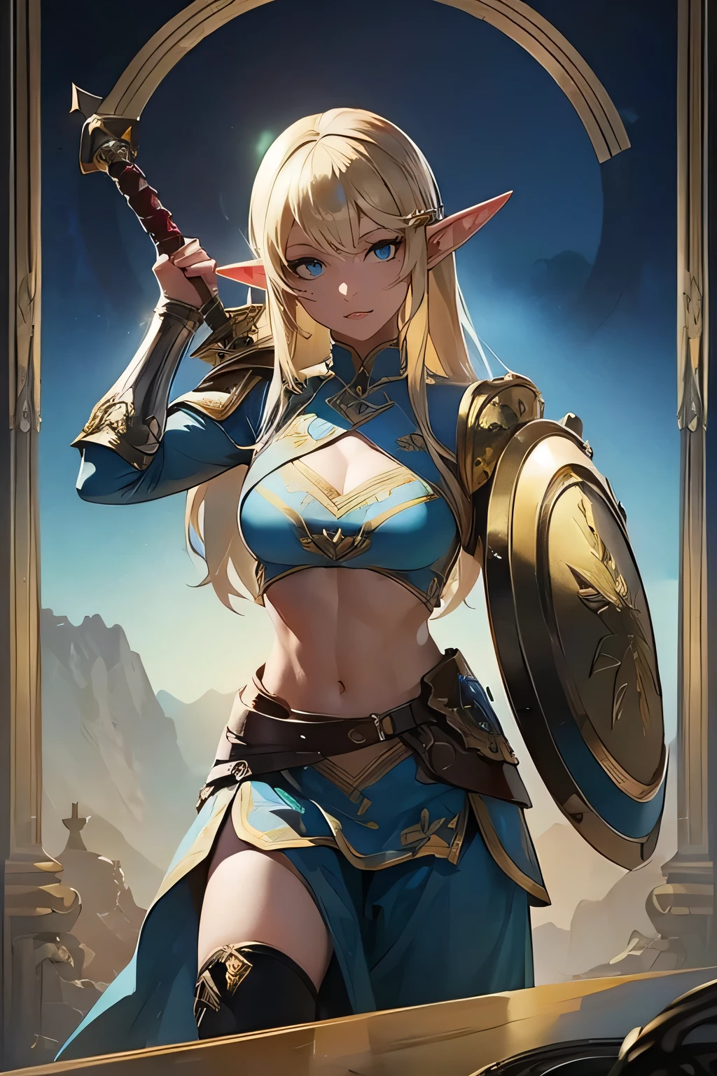 ((masterpiece, best quality)), (elf ears), female elf singing, female blonde elf with blue eyes in armor, stunning character art, character art of a beautiful female elf singing:1.4, athletic body, muscular:1.3, Well trained, abs, epic exquisite character art, character art portrait, rossdraws 1. 0, high quality digital concept art, beautiful female knight wearing armor, a blonde warrior, holding weapon and shield, holding a sword and shield, the elf, she is wielding a sword, wielding a shield, shield and sword, wielding a sword & A shield, elf princess knight