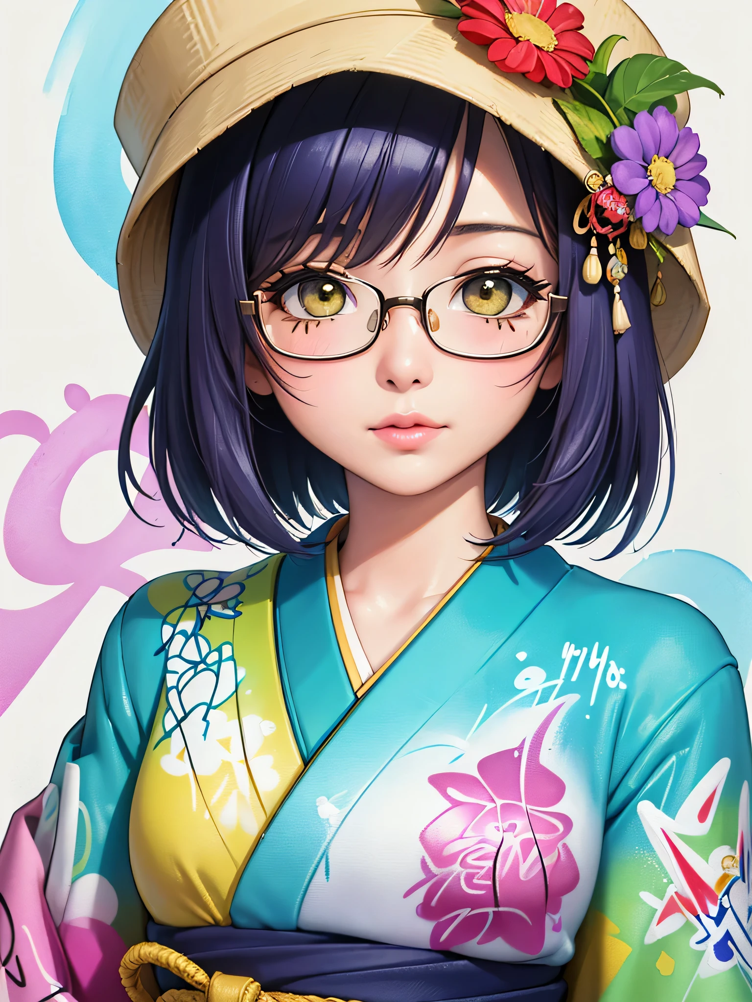 8K quality, watercolor painting, stylish design, (((The strongest beautiful girl of all time))), (((Japanese))、Idol、Yuriko Yoshitaka、clear, stylish glasses, Fashionable hats, (((highest quality))), bob hair, lips in love, HDR, ((Detailed details)), stylish fashion, detailed clothing texture, (((graffiti art))), colorful hair, ((masterpiece))、((Super detailed))、colorful flowers