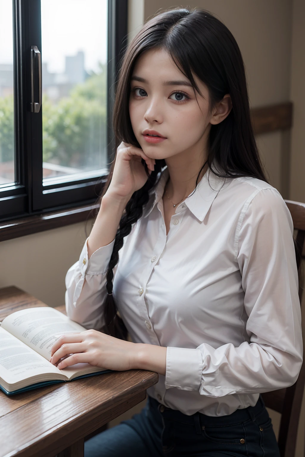 now this same young woman, reading the same book but with wet white clothes