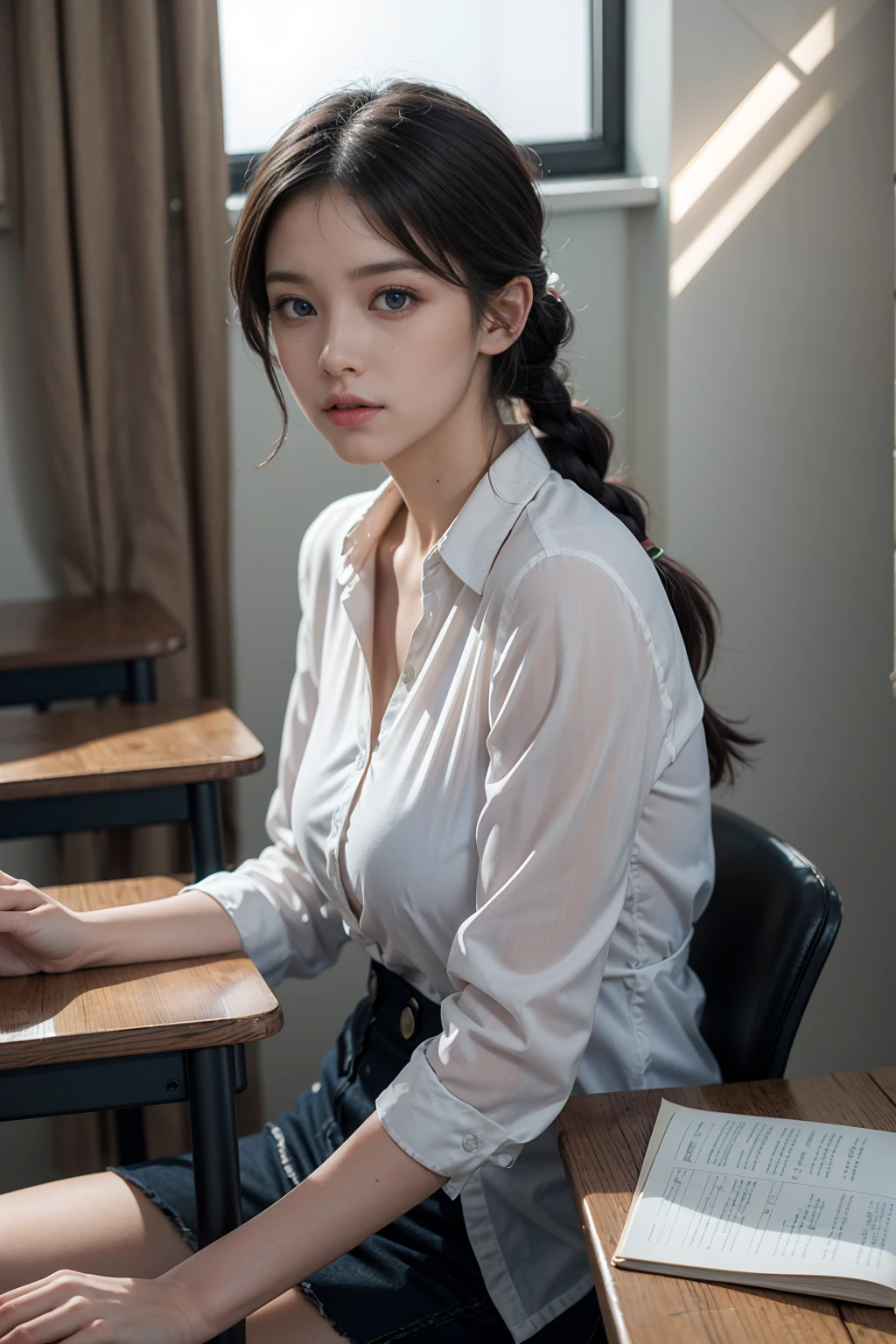 (skindentation:1.5), (Realistic, Photorealistic), (masterpiece:1.5), concept art, intricate details, highly detailed, photorealistic, octane render, 8k, unreal engine, dynamic pose, best quality, highres, (realistic face:1.1), (hyperrealistic:1.1), ((full_body)), perfect eyes,(shiny skin:1.2), (((hairstyle))), (((perfect hands))), (extremely detailed background), ((dynamic background)), ((lightning)), (light rays), ((1girl)), (8k, RAW photo:1.2), dramatic angle, (fluttered detailed color splashs), (illustration), (((1 girl))), straight long black hair, short braided hair, thinking face, (wearing close button shirt, see through), sitting at desk, studying, holding book, books, in classroom, wall decor, mini library, glass window, wall clock, cinematic light, photorealistic, masterpiece, best quality, complex CG, high detailed face, high detailed eyes, very cute,