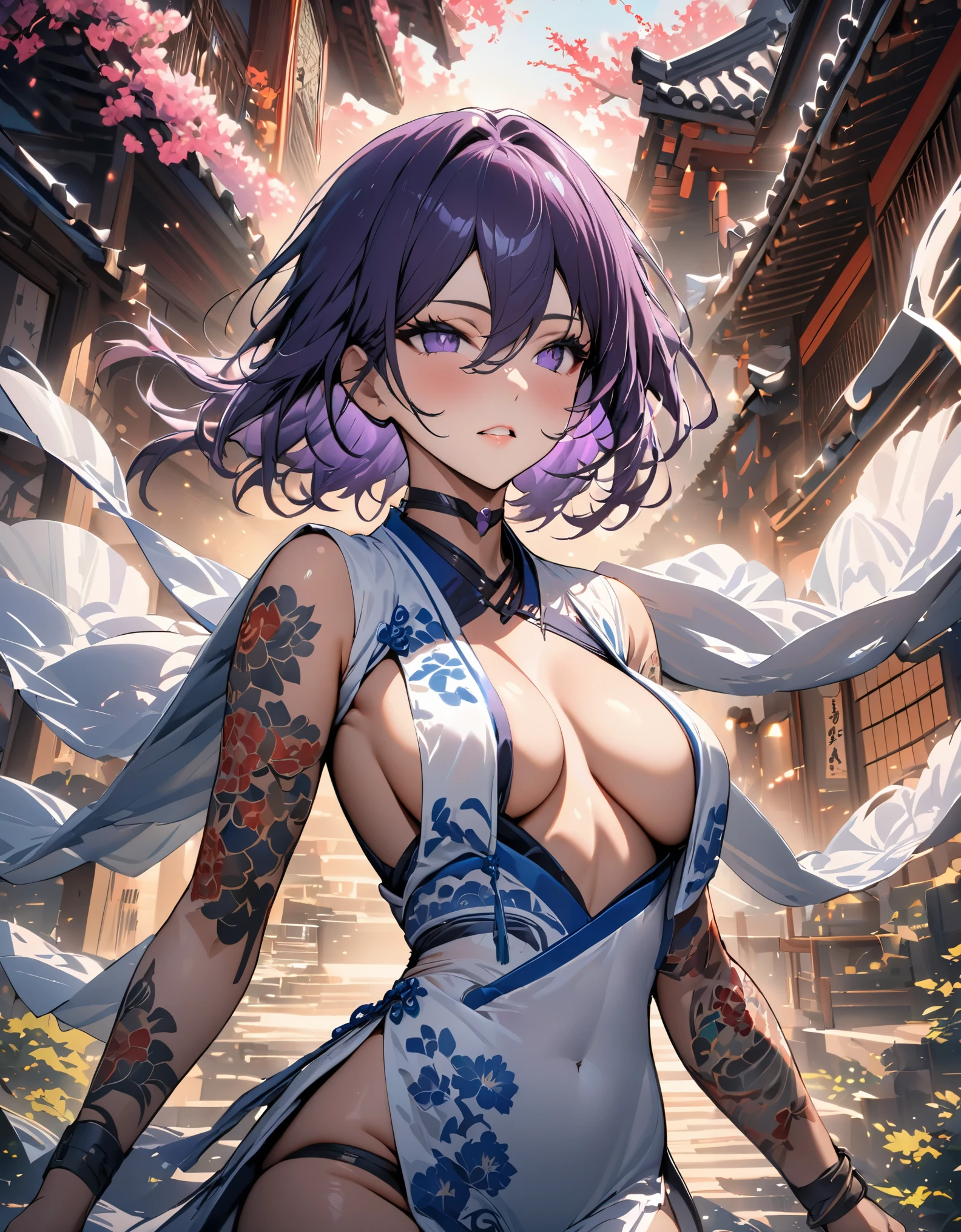 (very detailed background:1.0), (highly detailed background:1.0), (Masterpiece), High Quality, 1girl, woman, tattoo, irezumi, depth of field, dynamic lighting, high quality shadows, feminine, plunging neckline, breast curtains, Revealing clothes, , white dress, reze, purple hair