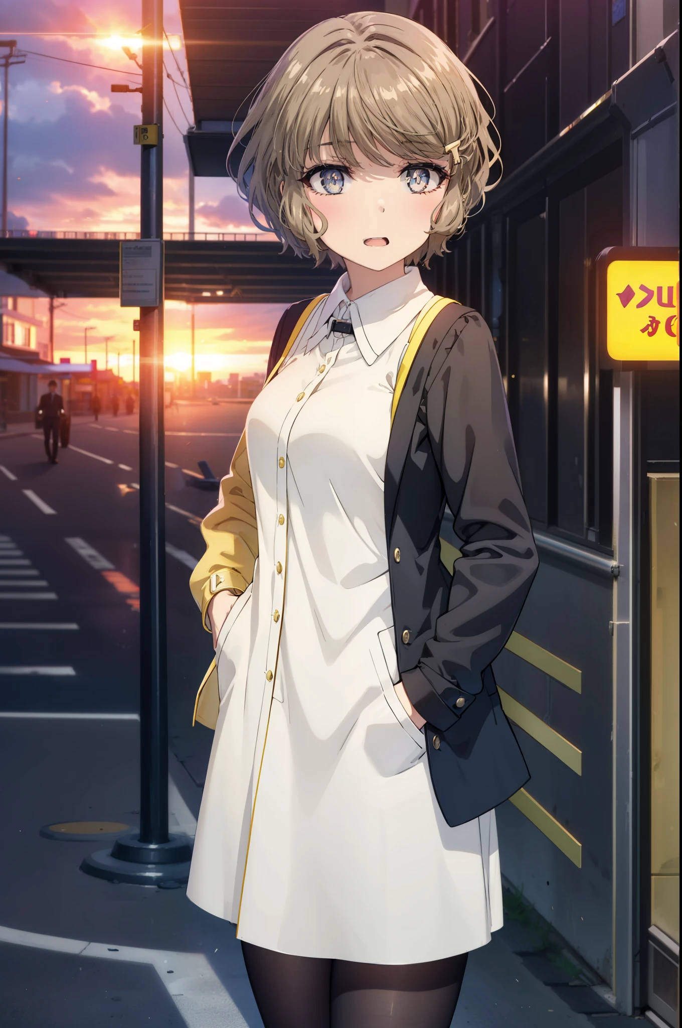 tomoekoga, Chie Koga, short hair, brown hair, blue eyes, hair clip,big breasts ,happy smile, smile, open your mouth,OL, yellow long coat The front desk is empty,end, black suit jacket, collared jacket, white dress shirt, collared shirt, neckline, button, strap, ID card on the neck, black pencil skirt, black pantyhose, stiletto heels,sunset,evening,
break outdoors, city,building street,
break looking at viewer, (cowboy shot:1.5),
break (masterpiece:1.2), highest quality, High resolution, unity 8k wallpaper, (shape:0.8), (fine and beautiful eyes:1.6), highly detailed face, perfect lighting, Very detailed CG, (perfect hands, perfect anatomy),