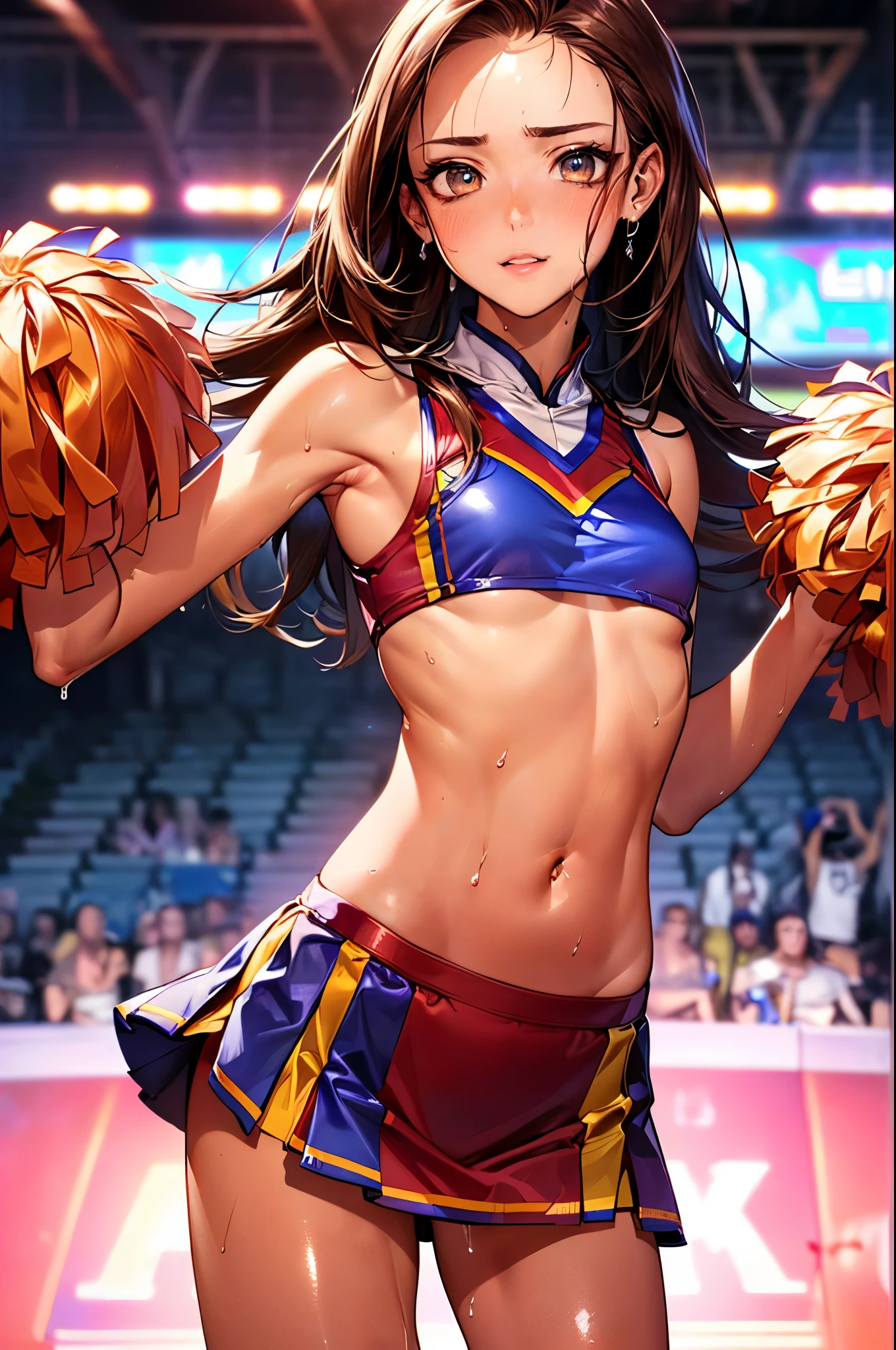 ((perfect anatomy:1.2,realistic,:1.3,RAW Photography:1.3,masterpiece、highest quality、Ultra - High resolution、High resolution、Highly detailed CG、8K)),cowboy shot,1 female,solo,20 year old beauty,((beautiful detailed face and eyes,big and gorgeous eyes)), brown eyes,(brown hair,long hair,forehead,center parted hair:1.2、straight hair),(medium breasts,slender body,small head:1.2,skinny,tan skin,gleaming skin,oily skin,shiny skin,sweat:1.4),(Cheerleader, red Cheerleader uniform,sleeveless、navel、mini skirt)、Cheerleading,Turn your body to the viewer、Audience seats、arena、