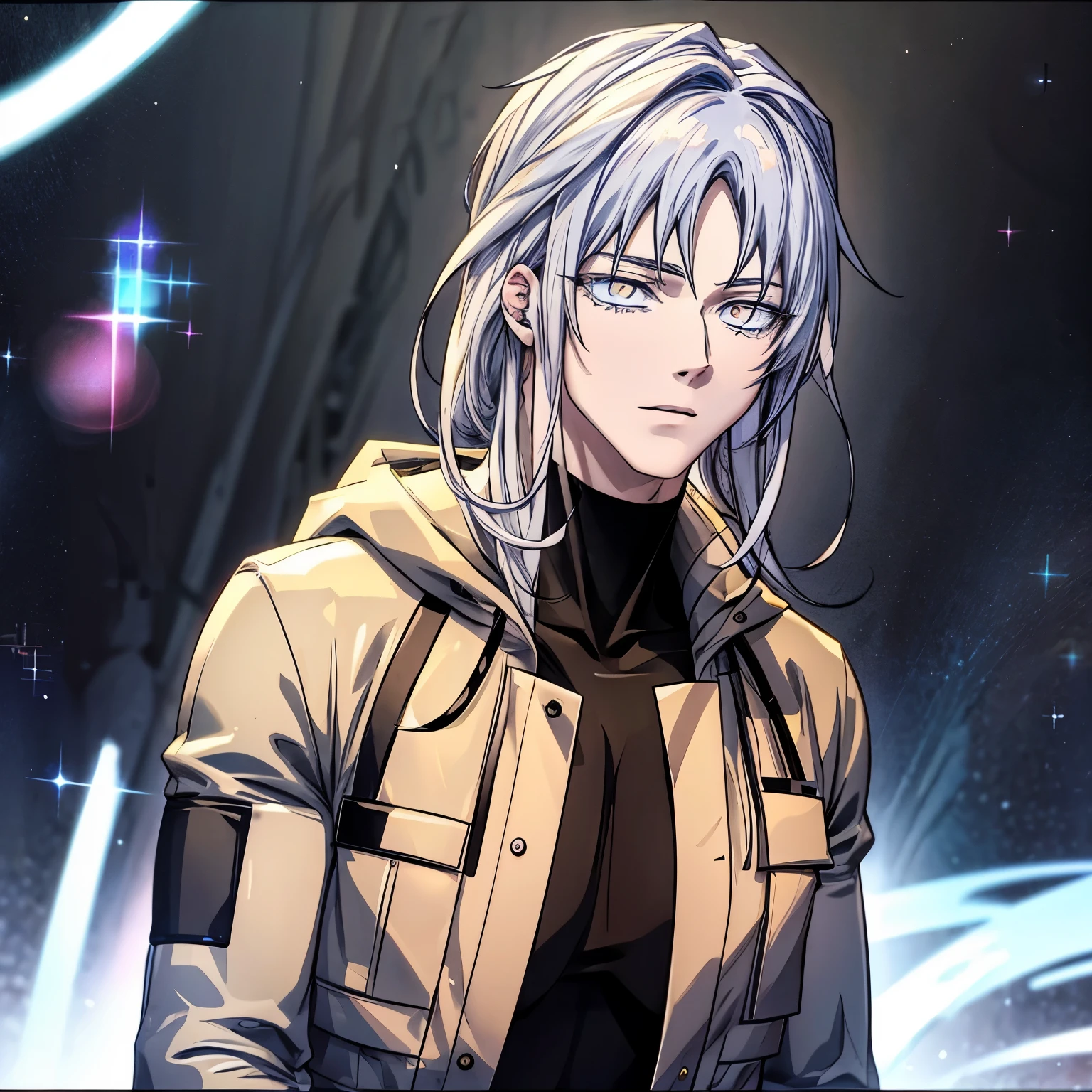 male, handsome, grand duke, muscular, white hair messy, red eyes sparkling, cold, charismatic