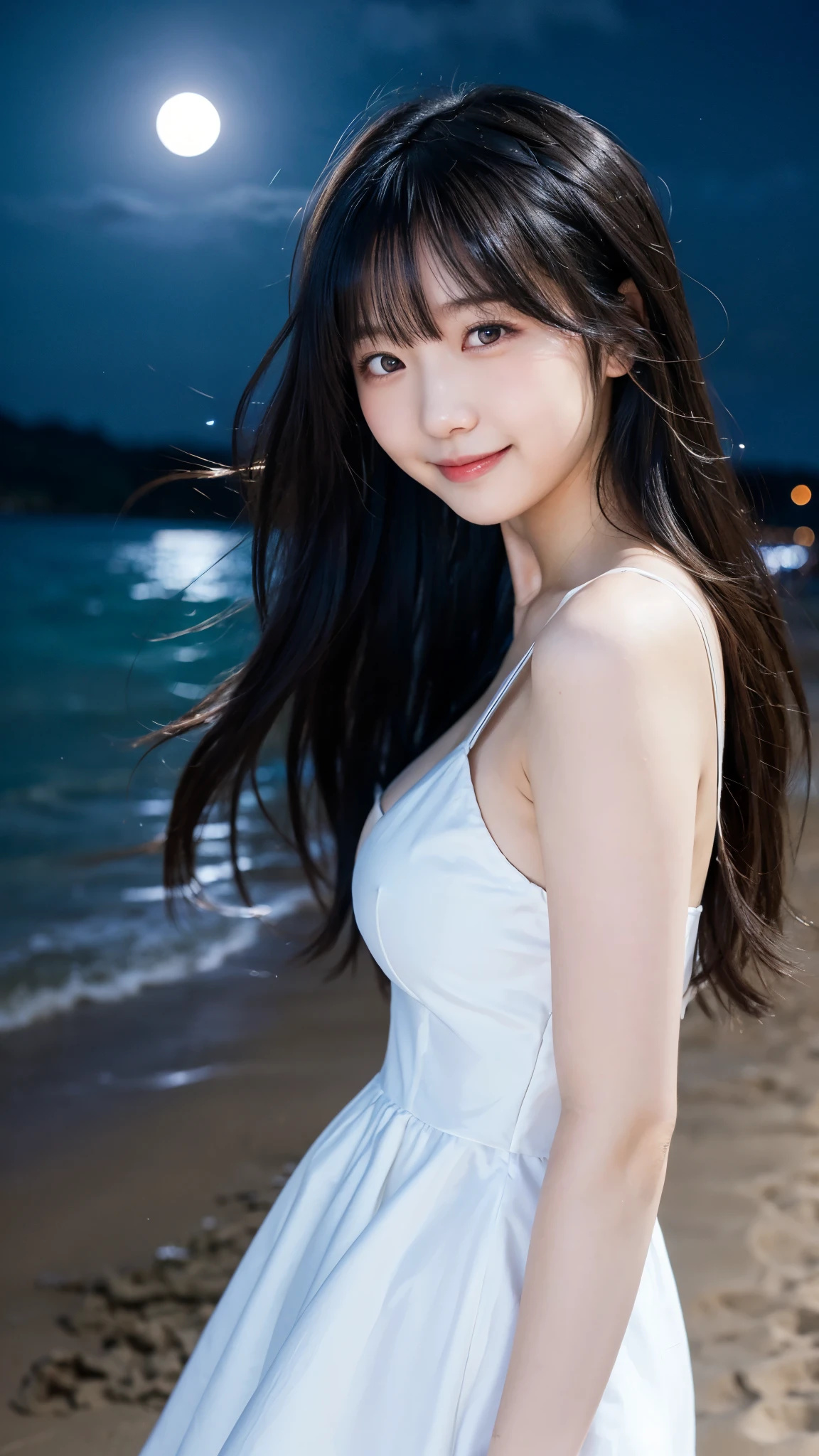 (highest quality,masterpiece:1.3,ultra high resolution),(Super detailed,caustics,8k),(photorealistic:1.4,RAW shooting),(night),(night空),(starry sky),(full moon),(beach),(full moonを見上げる女の子1人),Are standing,20-year-old,cute,Japanese,(smile),black long hair,strong wind,(hair blowing in the wind),(white dress),(big breasts),Natural light,moonlight,(side shot),(bust up shot),(low position),(Low - Angle)