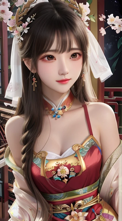 Close-up of a drawing of a woman wearing a dress,A flower in his hair, Inspired by Lan Ying, Inspired by Du Qiong, beautiful fantasy queen, hanfu, Anime Girls Cosplay, Hanfu, bian lian, palace , A girl in hanfu, Inspired by Huang Ji, anime goddess, anime cosplay, Chinese style, ((beautiful fantasy queen))