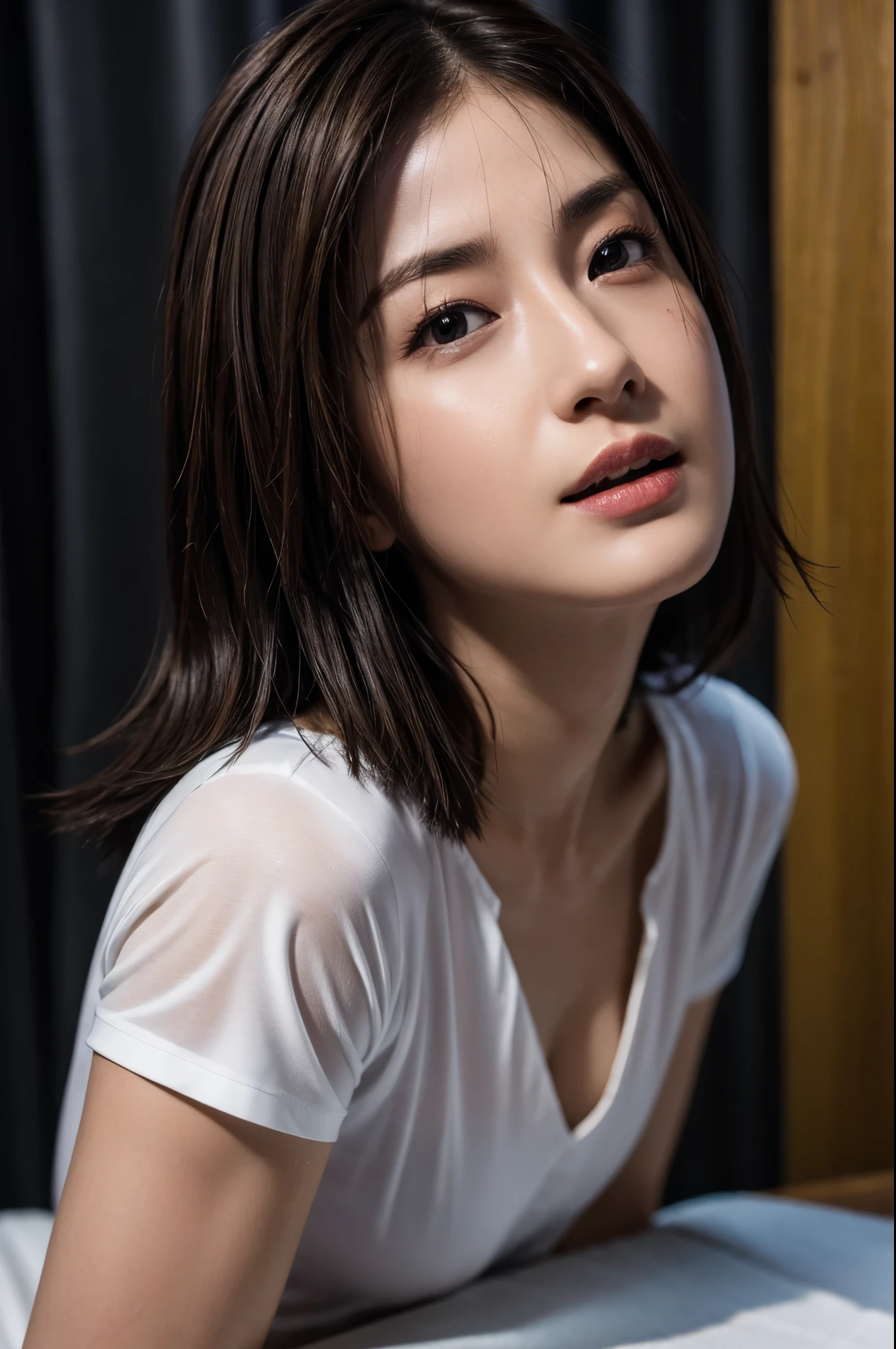 (masterpiece:1.2), super detailed, ultra high resolution, (realistic, photo realistic:1.37), High-definition RAW color photos, professional photos, dramatic lighting, facial light、sharp focus:1.2, (Highly detailed face and skin texture, very fine eyes, shiny skin, glowing skin, glowing skin, shining face, luster, oily skin, oily face, oily skin, oily face, Strong gloss), perfect anatomy, highly detailed background, 1 female, 30 year old woman, Japanese woman, (bob hair, brown hair), (scrawny:weight1.0), (flat chest:1.3), (table top:1.2), close up of shirt, underboob, loose white shirt, black leggings, (sexy panty strap:0.5), , (full body:1.2), seductive pose, looking at the viewer, sexy look、lure、press for a kiss、(view from below:1.2), nsfw,