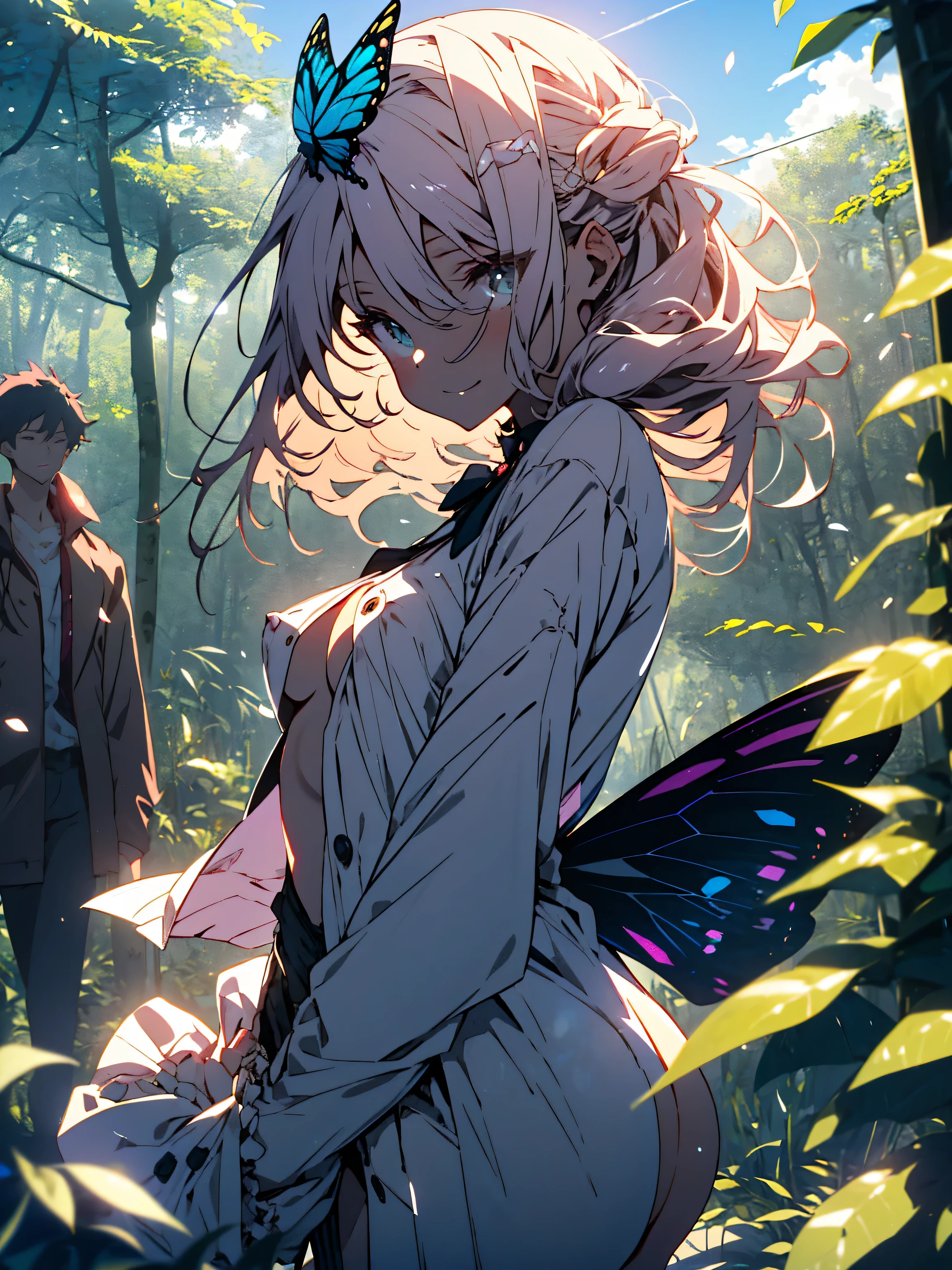 NSFW,((masterpiece)),(((highest quality))),((Super detailed)),((((Anime-like)))),((messy hair)),((frills)),(1 girl),(alone)、smile、(kissing face)、((thigh focus))、((sex from the side)),((sexy、exposure of skin)) 、((have sex with a man))、(((beautiful nude body)))、((pale pink nipples))、((Get naked in a beautiful spring))、((sensual look))、(Blue rape)、(((butt focus))),((Cleavage Focus)、tits),lipstick,dynamic angle,big sleeves,floating,beautiful detailed sky,detailed and beautiful eyes,exposed,(in the forest),(Beautiful large butterfly wings grow on its back)、((fly gracefully through the sky))、blunt side bangs,hair between eyes,ribbon,A bow tie,button,bare shoulders,(((small breasts))),fine wet clothes,gaping face,pleated skirt,flowers 、beautiful anime