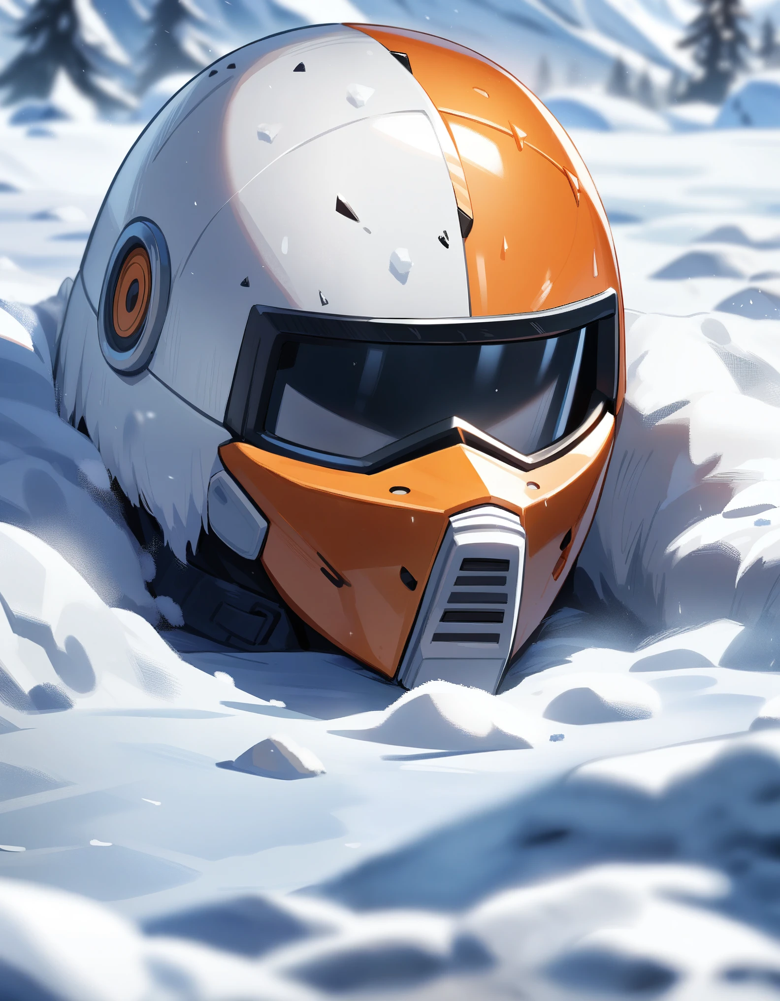 1girl,solo,Sala,original,full face helmet,no face , no hair,green eyes,white body suit,orange heavy armor,cowboy shot,in ice age planet,blizzard,Science fiction,ultra-detailed,sharp focus,aesthetic,(best quality)