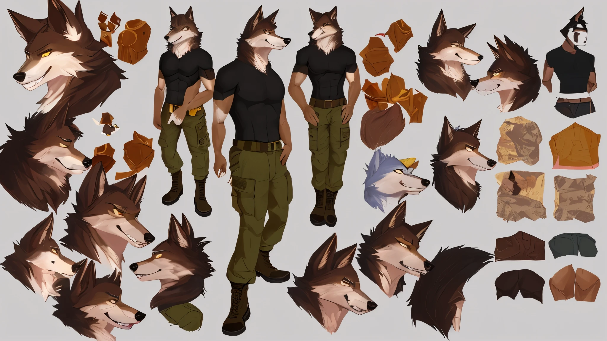 (Masterpiece, best quality), detailed, ((character concept art)), ((character design sheet, same character, front, side, back)), many items, (1man, (monstergirl, wolfboy), t-shirt, cargo pants, military boots, many parts), (light skin color:1), (brown eyes), detailed face, random expressions, (athletics & muscular physical form), (wolf features, wolf tail, wolf ears:1.5), black hair color,  detailed hair, short military style haircut, full of details, (simple background, white background: 1.3)