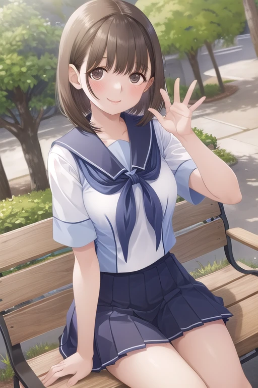 sitting on a park bench, smile, wave hands、outdoor,

 1 girl, alone, shiny chestnut hair, short hair、brown eyes,smile、, short sleeve sailor suit, pleated skirt, 
 
 masterpiece, highest quality, High resolution, cowboy shot
