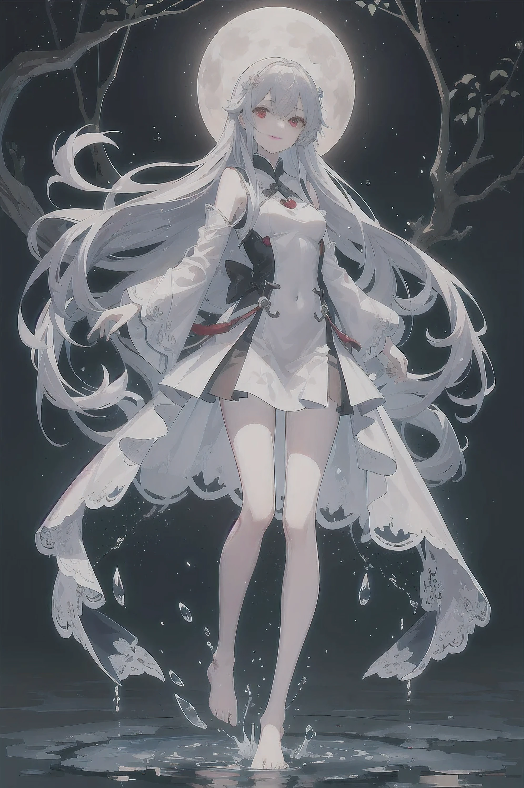 Dreamy and beautiful moonlight in the dark forest。View of a 15-year-old girl from above。(wet silver hair and red eyes)。smile slightly。She wore only a long transparent white cloth with beautiful lace trim。Soak the cloth in water。(splashing in the dark forest lake at night)。(Hair or clothes are wet)。splash。Wet strands of hair。dripping water drops。Fantasy fireflies float in the air、Light also reflects from water。near method and far method。glitter effects。Dynamic composition with depth。extremely high quality、High level of image quality、extremely delicate。Rare workmanship,round,Room, firm breasts),barefoot,float,water surface,(long legs,long legs,long legs,Gestalt),full-body shot。standing posture