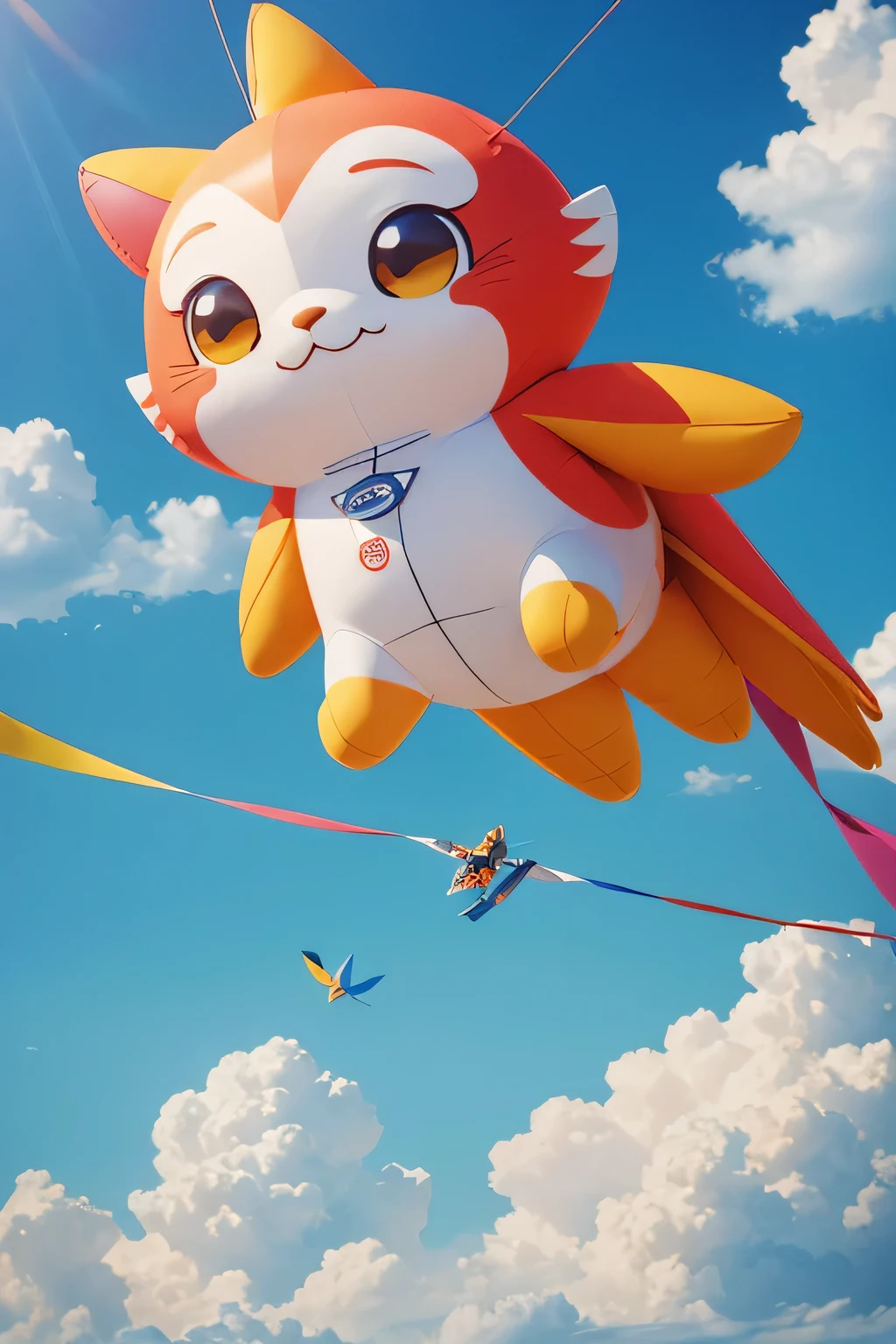 ((masterpiece, best quality, movie still)), a cute mascot kite in the center,(so many kites around in the sky), cute kite, floating in the sky, cloud, bright, happy, fun, colorful tone, realistic style, soft lighting, closeup, 