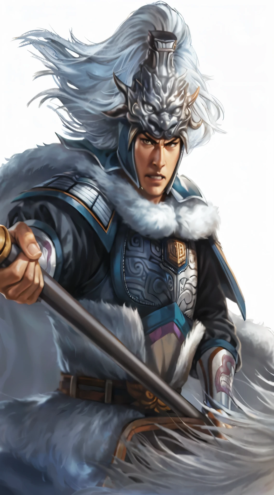 Close-up of a man riding a horse and holding a sword, zhao yun, Inspired by Huang Shen, Inspired by Hu Zaobin, Inspired by Li Kan, heise jinyao, inspired by Wuzhun Shifan, Inspired by Shen Zhou, inspired by Li Gonglin, Nalanbato Gumbold, feng shu, Inspired by Fan Kuan
