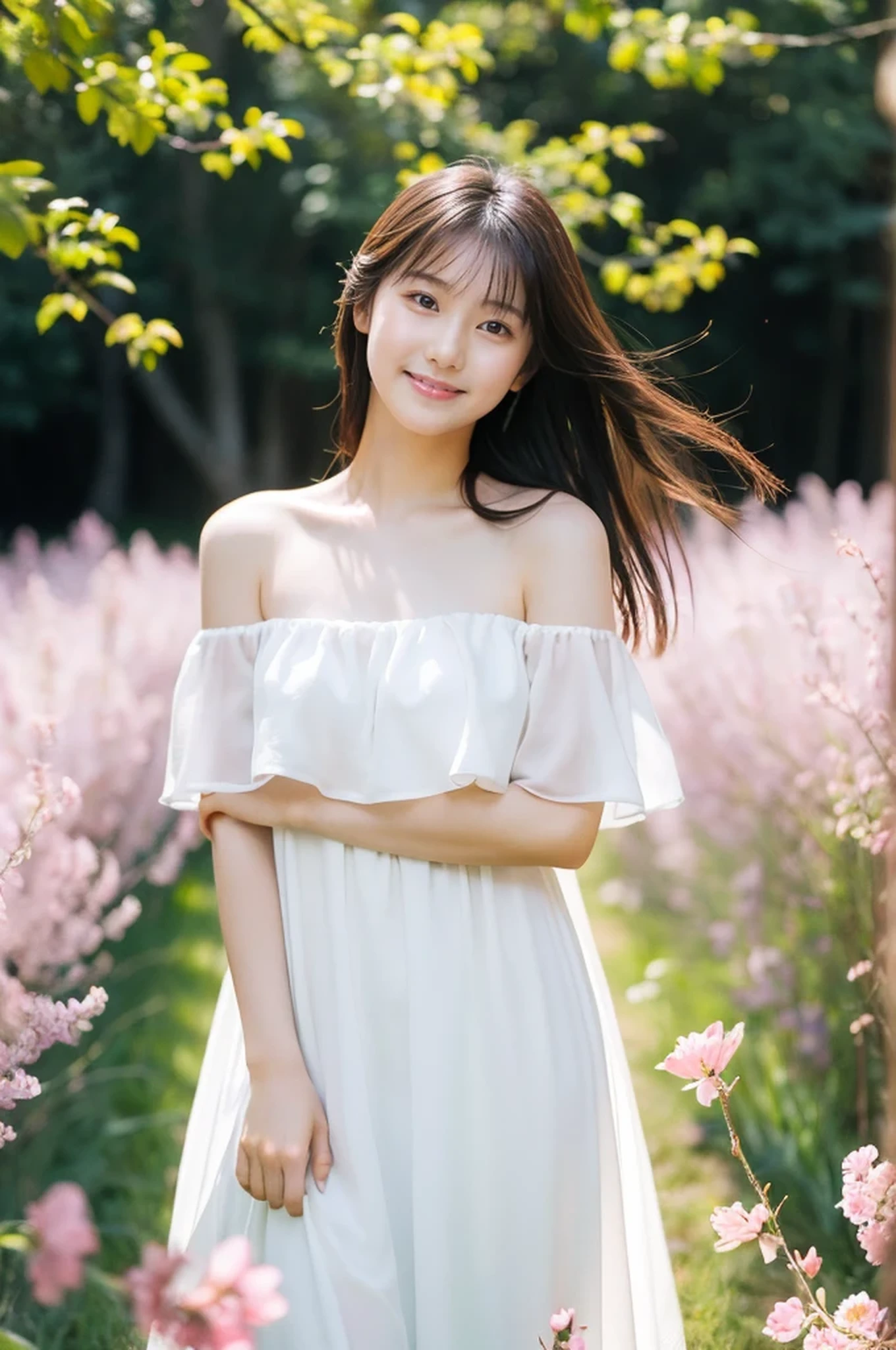 highest quality, masterpiece, ultra high resolution (realistic: 1.4), Raw photo, 1 girl, white dress, bare shoulders, field of pink flowers, glowing skin, slight smile