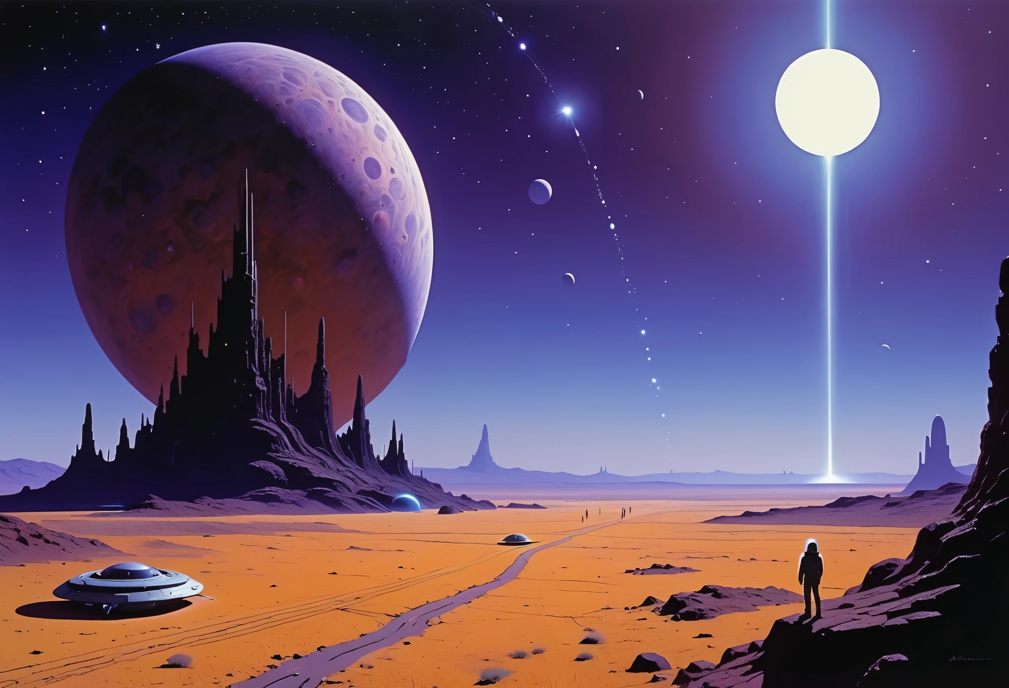 Alien landscape, interstellar travel, surreal elements, inspired by the filmmaking of Stanley Kubrick by artist moebius