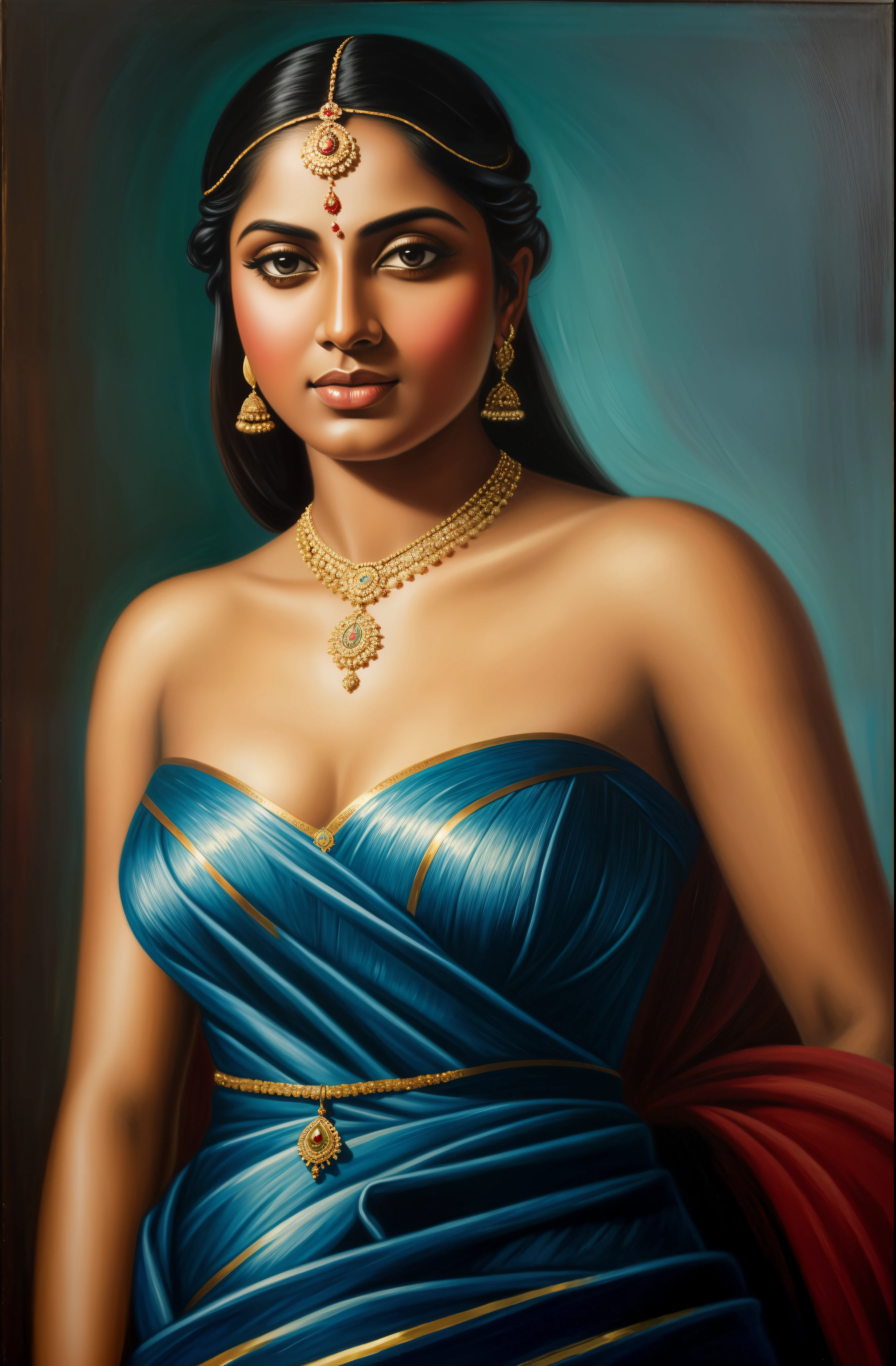painting of a woman in a blue dress with a gold necklace, inspired by Raja Ravi Varma, by Raja Ravi Varma, portrait of a beautiful goddess, a stunning portrait of a goddess, portrait of modern darna, beautiful face , enchantress, ravishing beauty, perfect hands and fingers, charming, portrait of a goddess, indian girl with brown skin, portrait painting of a princess, gorgeous woman, oil painting of realistic woman, indian empress
