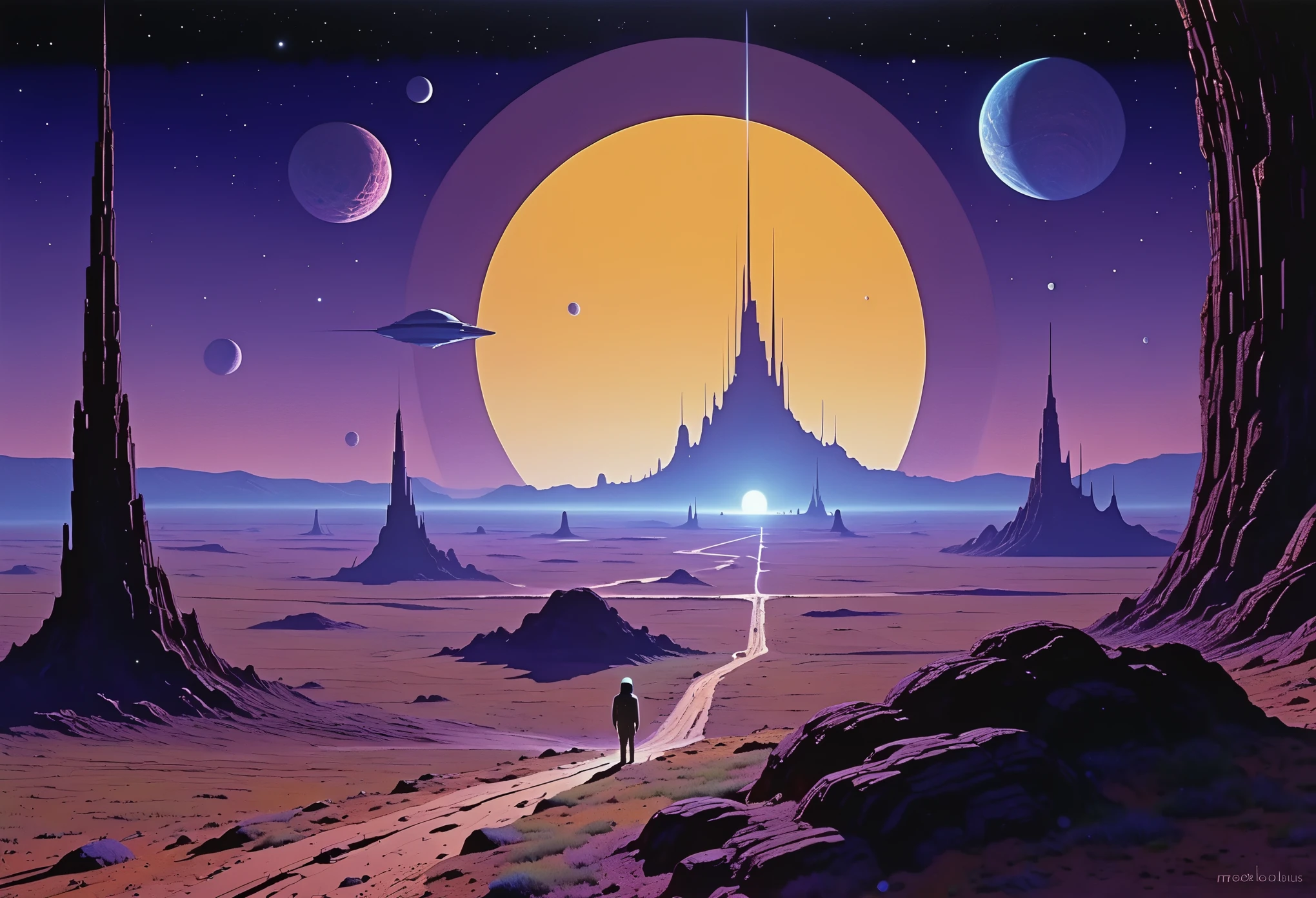 Alien landscape, interstellar travel, surreal elements, inspired by the filmmaking of Stanley Kubrick by artist moebius
