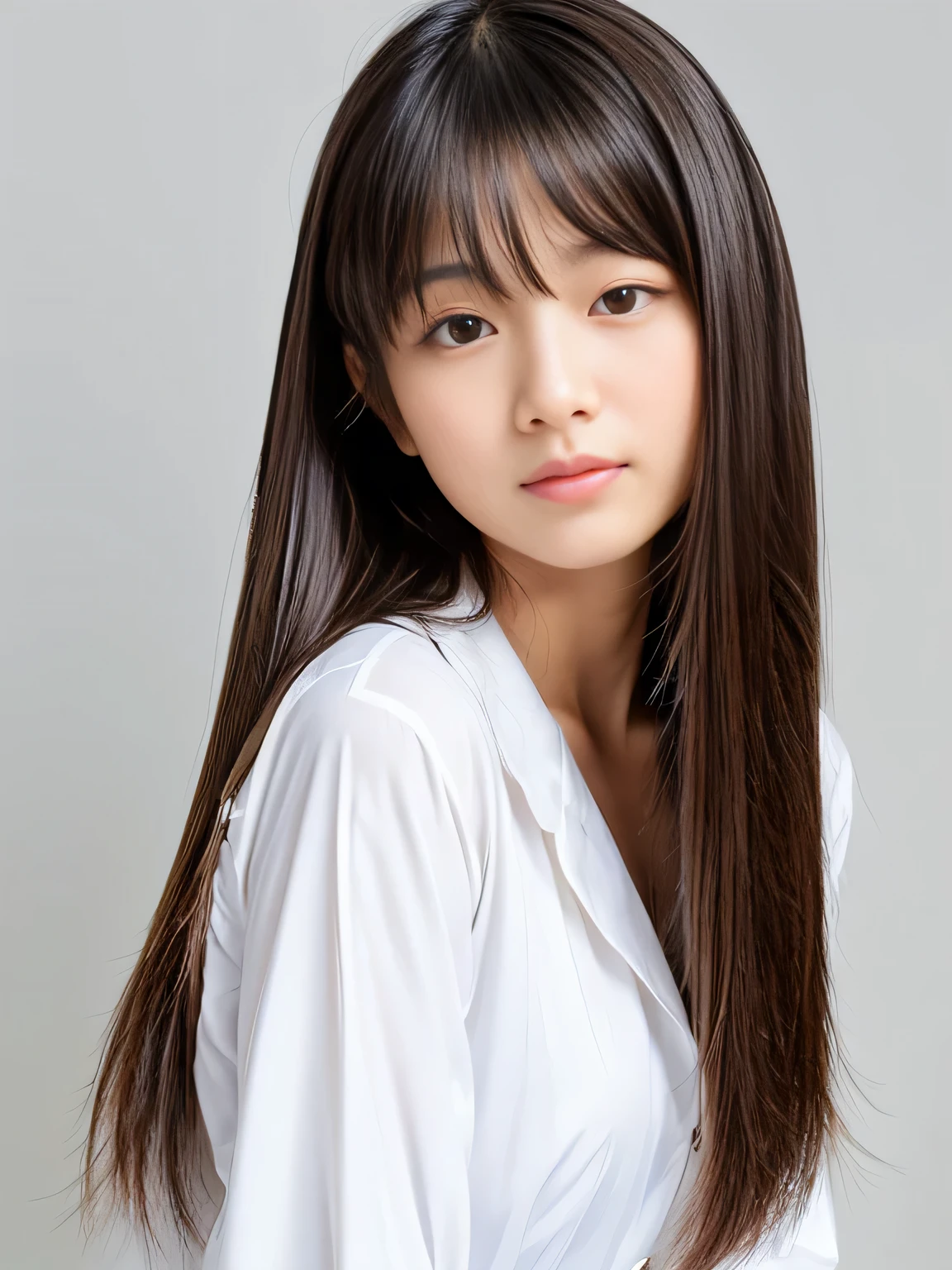 young japanese girl, white button down shirt, glossy lips, closed mouth, Self-righteousness, straight hair, very long, silky, shiny hair, naughty face, Upper body, full body esbian,