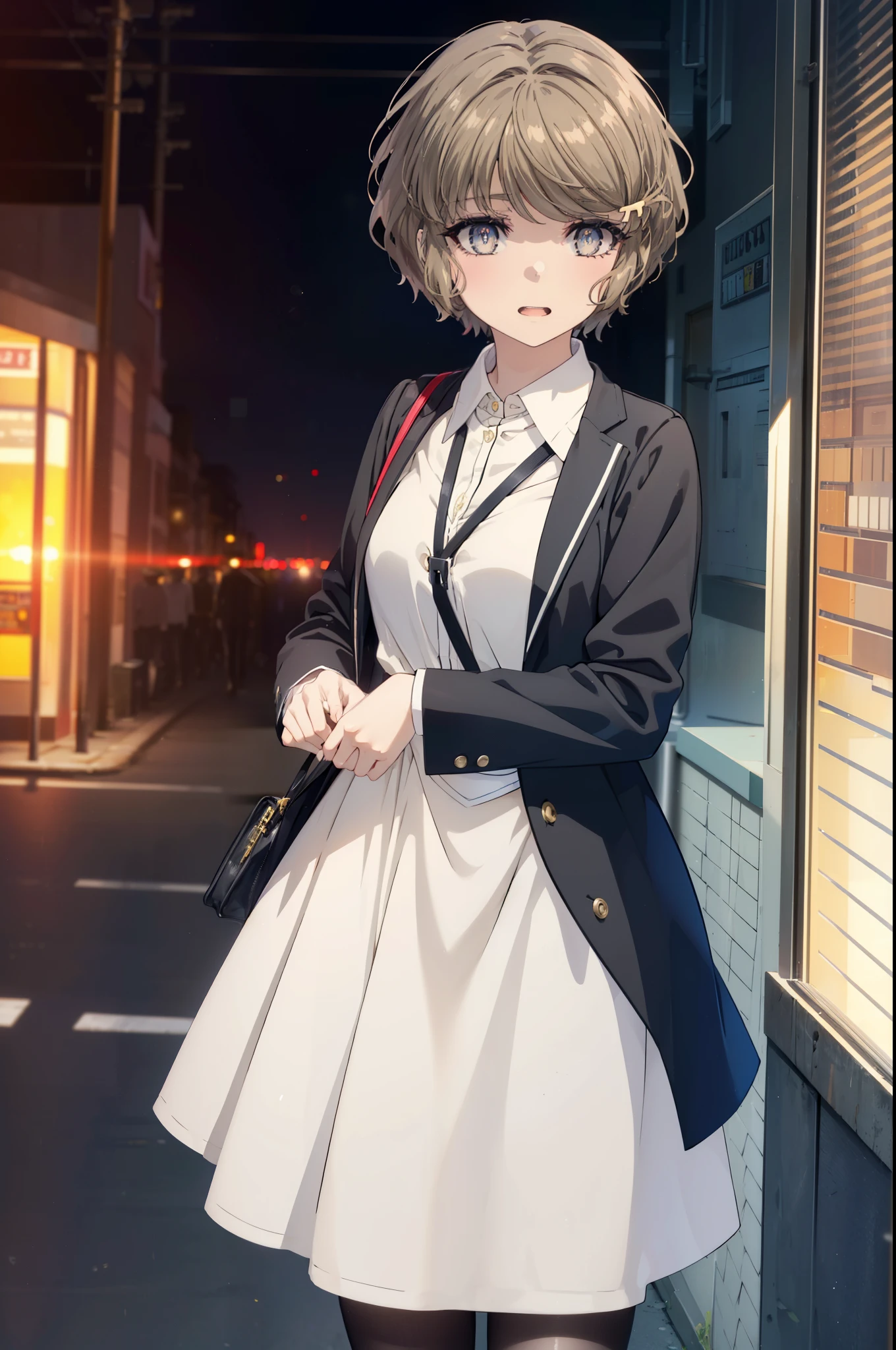 tomoekoga, Chie Koga, short hair, brown hair, blue eyes, hair clip,big breasts ,happy smile, smile, open your mouth,OL,  yellow long coat　The front desk is empty,end, black suit jacket, collared jacket, white dress shirt, collared shirt, neckline, button, strap, ID card on the neck, black pencil skirt, black pantyhose, stiletto heels,sunset,evening,
break outdoors, city,building street,
break looking at viewer, (cowboy shot:1.5),
break (masterpiece:1.2), highest quality, High resolution, unity 8k wallpaper, (shape:0.8), (fine and beautiful eyes:1.6), highly detailed face, perfect lighting, Very detailed CG, (perfect hands, perfect anatomy),