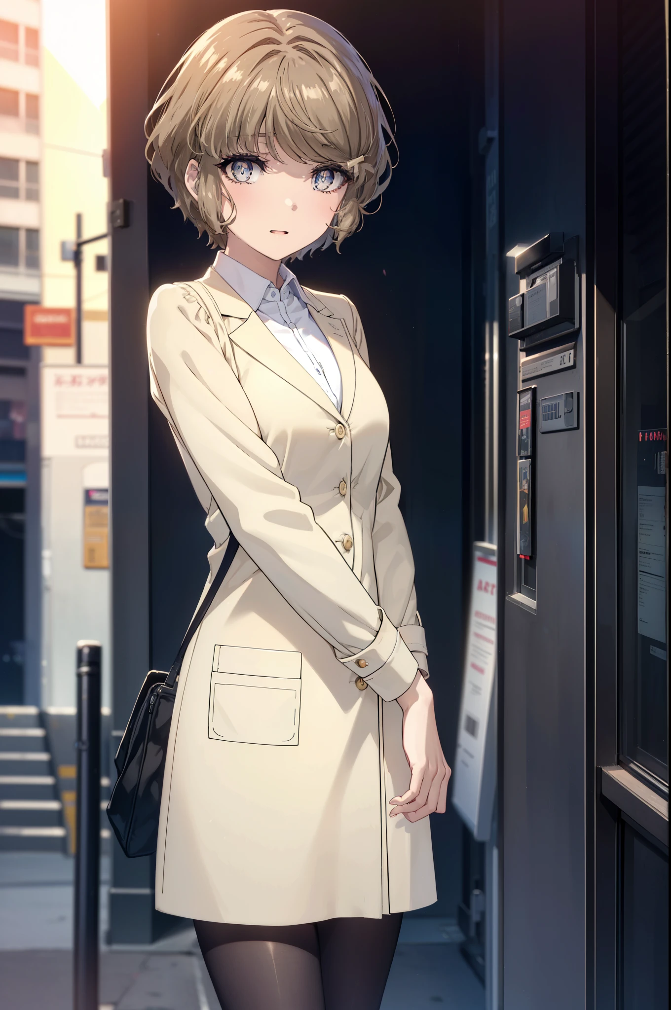 tomoekoga, Chie Koga, short hair, brown hair, blue eyes, hair clip,big breasts ,happy smile, smile, open your mouth,OL,  yellow long coat　The front desk is empty,end, black suit jacket, collared jacket, white dress shirt, collared shirt, neckline, button, strap, ID card on the neck, black pencil skirt, black pantyhose, stiletto heels,sunset,evening,
break outdoors, city,building street,
break looking at viewer, (cowboy shot:1.5),
break (masterpiece:1.2), highest quality, High resolution, unity 8k wallpaper, (shape:0.8), (fine and beautiful eyes:1.6), highly detailed face, perfect lighting, Very detailed CG, (perfect hands, perfect anatomy),