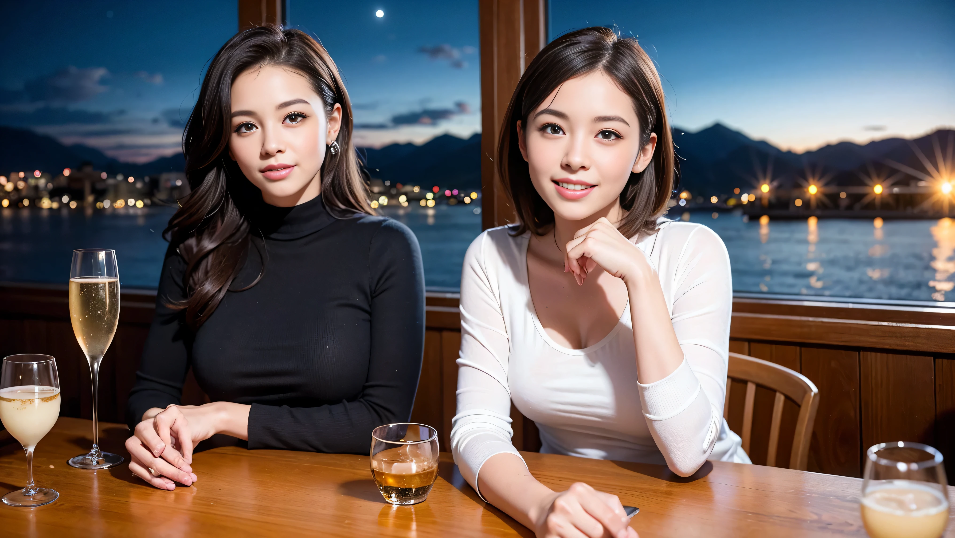 K, Hmm, highest quality, masterpiece: 1.2), (realistic, photorealistic: 1.37), Spectacular view of the sunset sky and clouds、Amazing mountain views、A bright smile、3 slim beauties, (slim face),Happy、 the best smile、Fox face、Berry Short、(because I'thin), (brown hair), (shortcut), long sleeve shirt、winter fashion、Colombian、Brazilian、Japanese、Dutch、German、Portuguese、Belgian、Italian、French,Champagne、sparKling wine、 (gush out), (slim body), (brown hair), (shortcut), neat beauty、cheeKs turn a little red, (35 years old), 38 years old, alone, A beautiful and detailed night view spreads out outside the window...., restaurant, wine glass is sitting, At night, in a prominent place (from the Upper body) nova frog style, actress, model, Upper body, White wine, slim, wine glass, Very beautiful night view, wine glass Put in the Middle, Happy smile, (smile: 1.15),