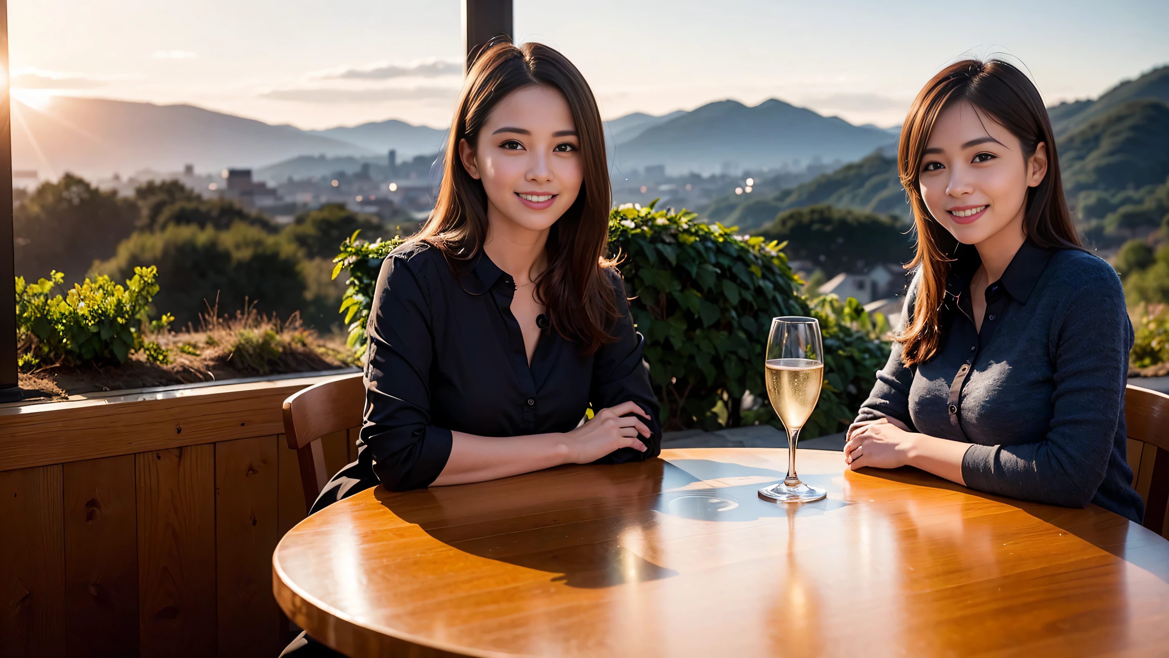 K, Hmm, highest quality, masterpiece: 1.2), (realistic, photorealistic: 1.37), Spectacular view of the sunset sky and clouds、Amazing mountain views、A bright smile、3 slim beauties, (slim face),Happy、 the best smile、Fox face、Berry Short、(because I'thin), (brown hair), (shortcut), long sleeve shirt、winter fashion、Colombian、Brazilian、Japanese、Dutch、German、Portuguese、Belgian、Italian、French,Champagne、sparKling wine、 (gush out), (slim body), (brown hair), (shortcut), neat beauty、cheeKs turn a little red, (35 years old), 38 years old, alone, A beautiful and detailed night view spreads out outside the window...., restaurant, wine glass is sitting, At night, in a prominent place (from the Upper body) nova frog style, actress, model, Upper body, White wine, slim, wine glass, Very beautiful night view, wine glass Put in the Middle, Happy smile, (smile: 1.15),
