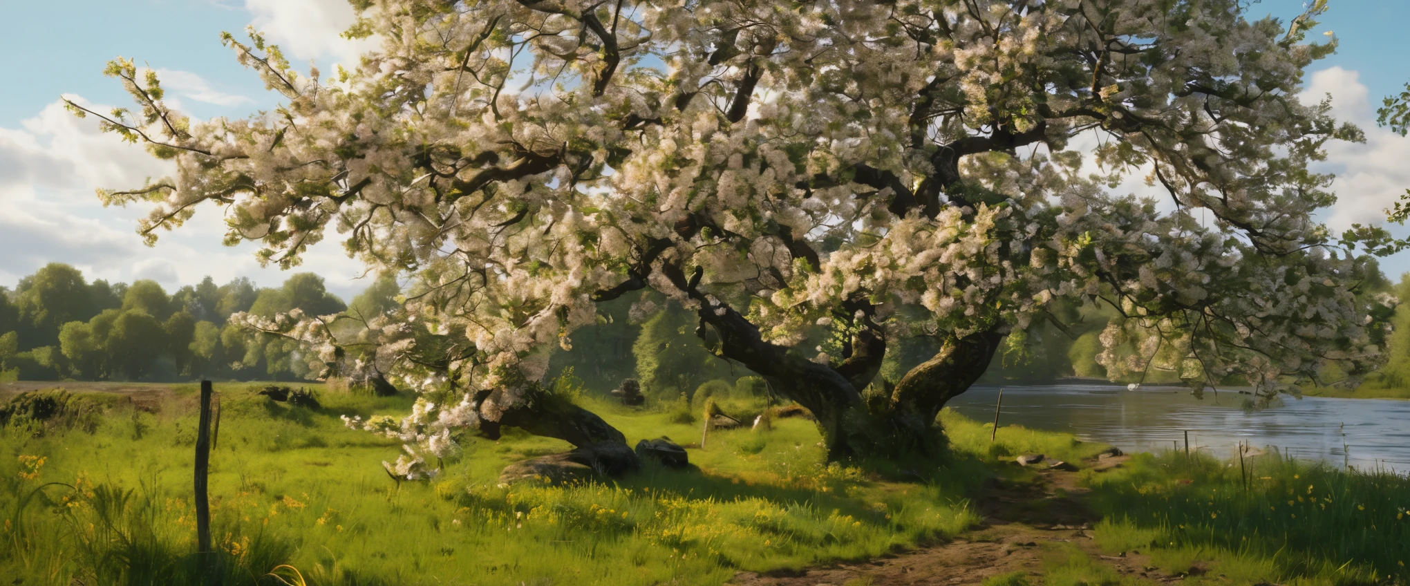 (best quality,8k,highres:1.2),(hyperrealism:1.1),rustic colors,sharp focus,insanely detailed,(2k1:1.1) style landscape scene,ultra-detailed rendering,impressively lifelike,rich and dynamic colors,epic beauty,meticulous composition of elements,lpainting of a field with a tree and a river in the distance, by Henri Harpignies, apple blossoms, by Julius Klinger, apple trees, by Wilhelm Trübner, by Joseph von Führich, by Vilhelm Lundstrom, by Luigi Kasimir, inspired by Henri Harpignies, by J. Alden Weir,impressive level of intricate details,perfectly captured reflections,flawlessly executed lighting and shadows,immersive sense of depth and dimensionality,extraordinary level of realism creating a mesmerizing visual experience.