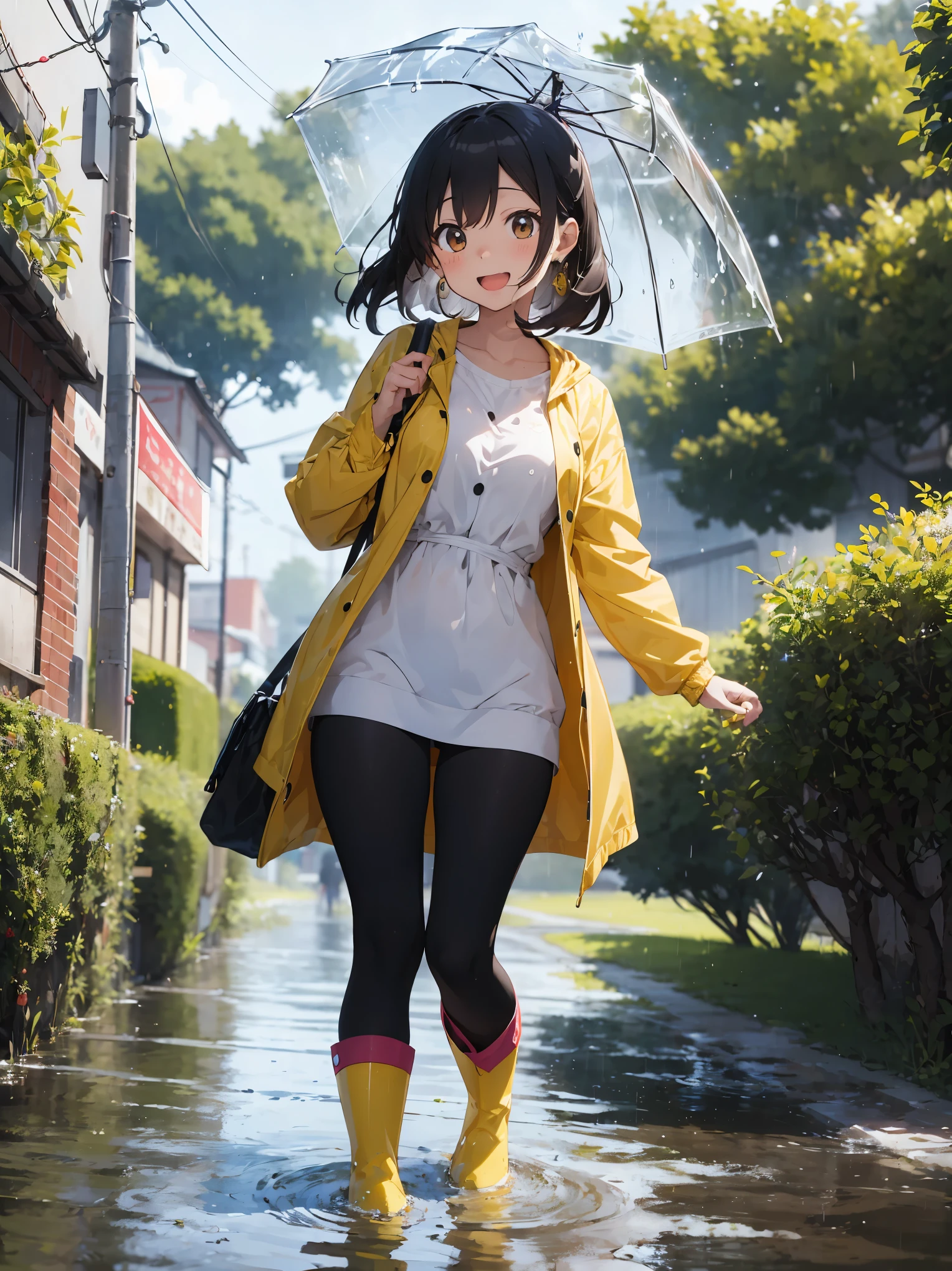 Create a watercolor-style illustration of Chia wearing a bright yellow or pink raincoat, complemented by colorful rain boots. She's holding a transparent umbrella adorned with pop designs, showcasing her cheerful spirit even on a rainy day. Add a waterproof bag with polka dot or stripe patterns and accessorize with vivid earrings or bracelets. The background should reflect a joyful and rainy scene, with Chia splashing around in puddles, embodying the phrase 'Pichi Pichi Chapu Chapu Ran Ran Ran' in a lively and cute manner.