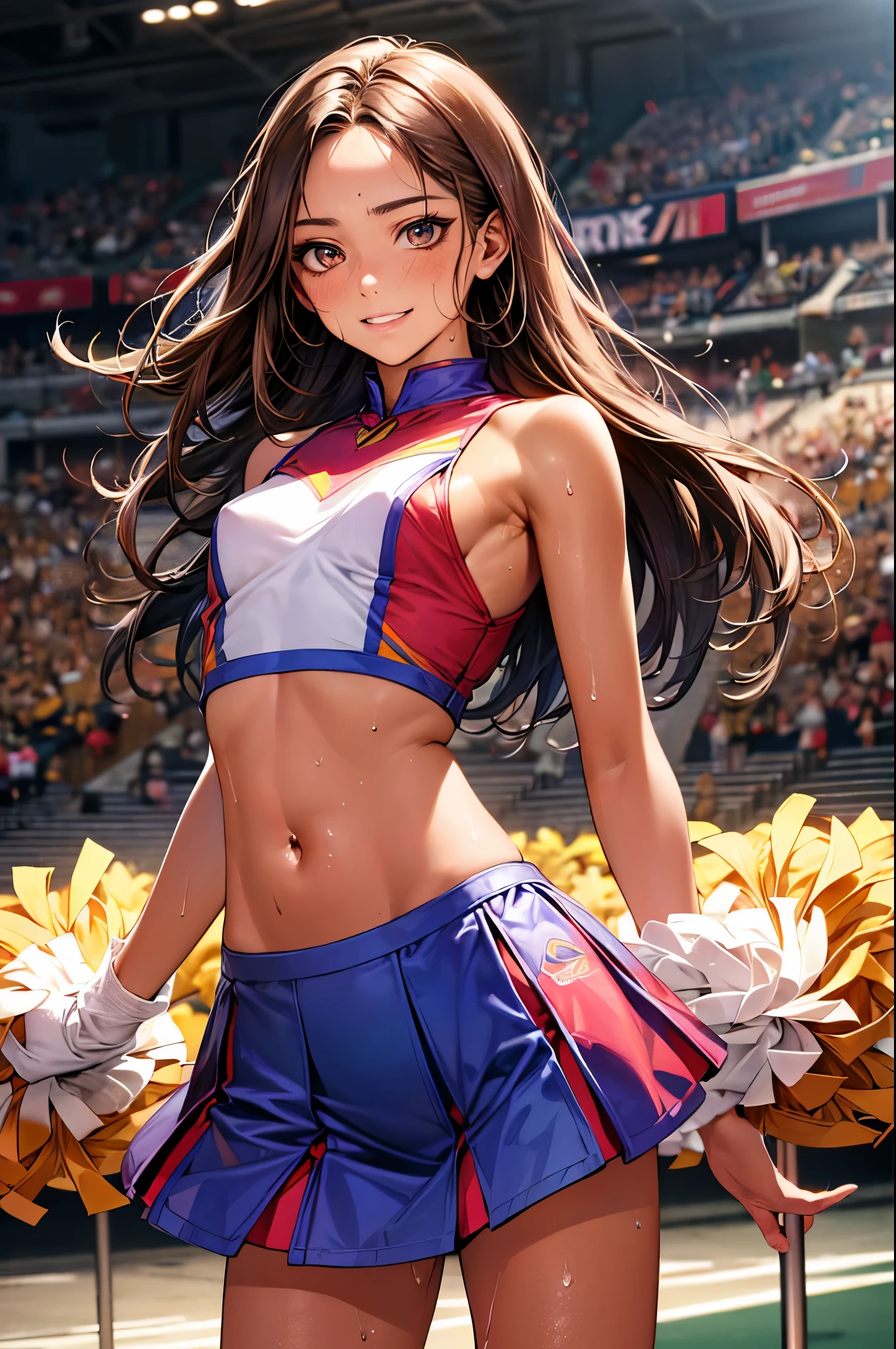 ((perfect anatomy:1.2,realistic,:1.3,RAW Photography:1.3,masterpiece、highest quality、Ultra - High resolution、High resolution、Highly detailed CG、8K)),cowboy shot,1 female,solo,20 year old beauty,((beautiful detailed face and eyes,big and gorgeous eyes)), brown eyes,smile,(brown hair,long hair,forehead,center parted hair:1.2、straight hair),(medium breasts,slender body,small head:1.3,skinny,tan skin,gleaming skin,oily skin,shiny skin,sweat:1.4),(Cheerleader,Cheerleader uniform,sleeveless、navel、mini skirt)、Cheerleading,l dancing,Turn your body to the viewer、Audience seats、arena、