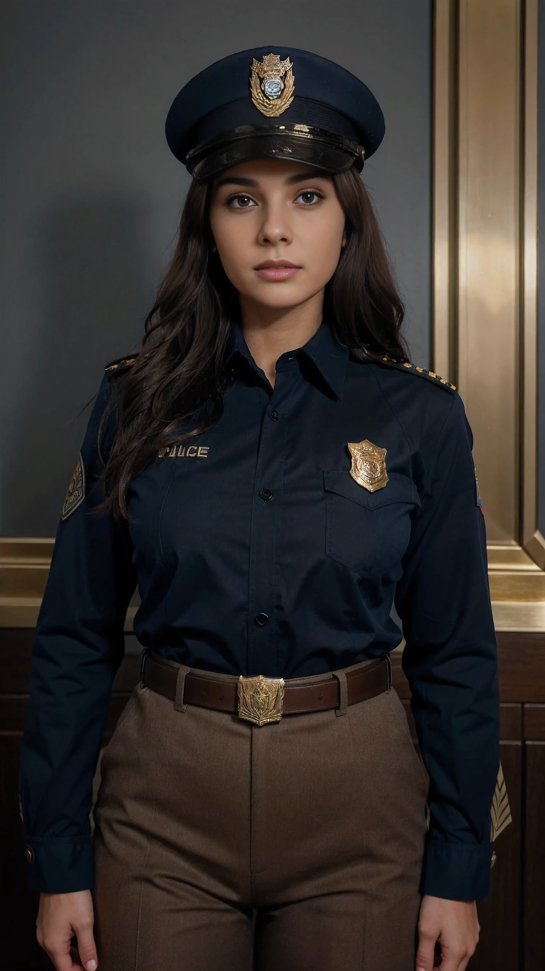 A woman in a police uniform stands at attention. She has long, wavy brown hair and wears a hat with a gold emblem on it. Her uniform is blue with a brown belt. The background is a colorful, striped pattern.