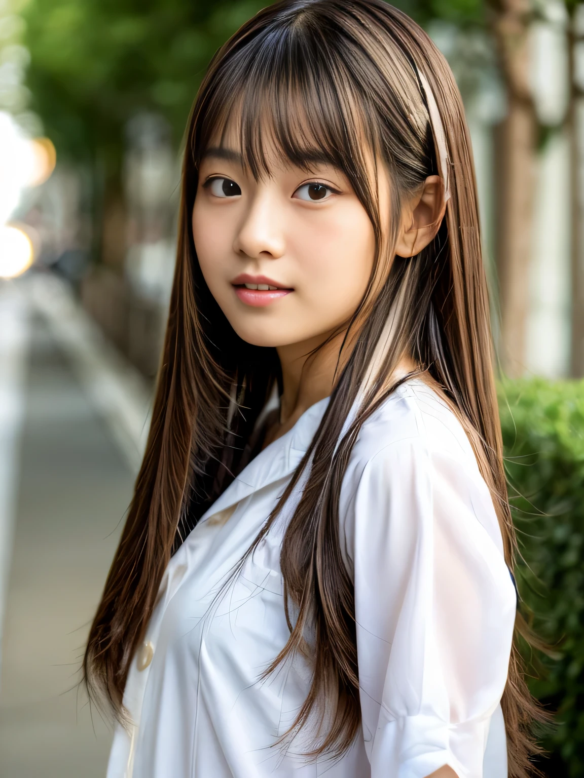 young japanese girl, white button down shirt, glossy lips, closed mouth, Self-righteousness, straight hair, very long, silky, shiny hair, naughty face, Upper body, full body esbian,