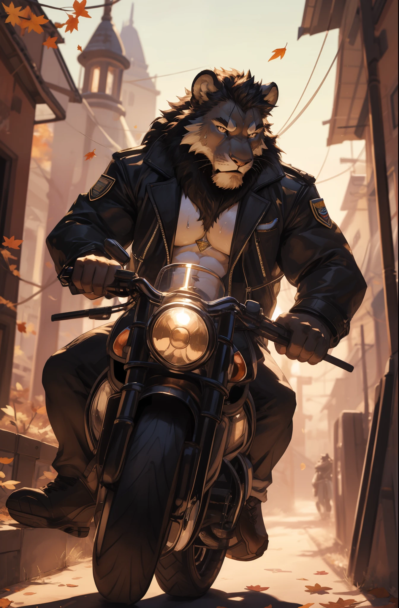 A lion riding a motorcycle, Lion, furry chest, fluffy chest, commission for high res, anthropomorphic, extra detailed body, detailed body, Best quality, masterpiece, ultra high res,detailed background,realistic, real shadow and light,depth of field, (View from beside), details skin, angry face, Sexybody, Sixpack, autumn, sweat, sweat body, black jacket, sneakers.