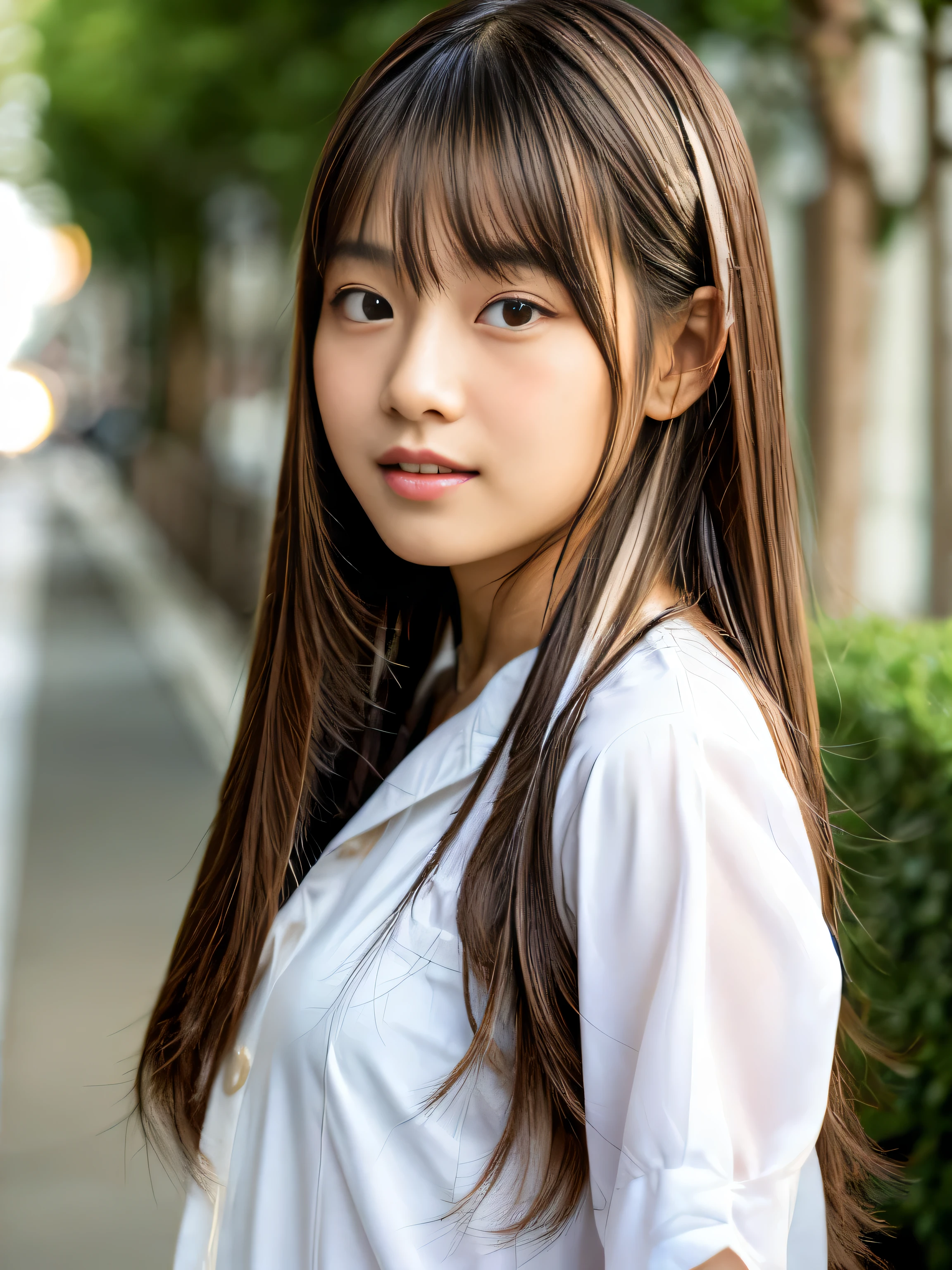 young japanese girl, white button down shirt, glossy lips, closed mouth, Self-righteousness, straight hair, very long, silky, shiny hair, naughty face, Upper body, full body esbian,