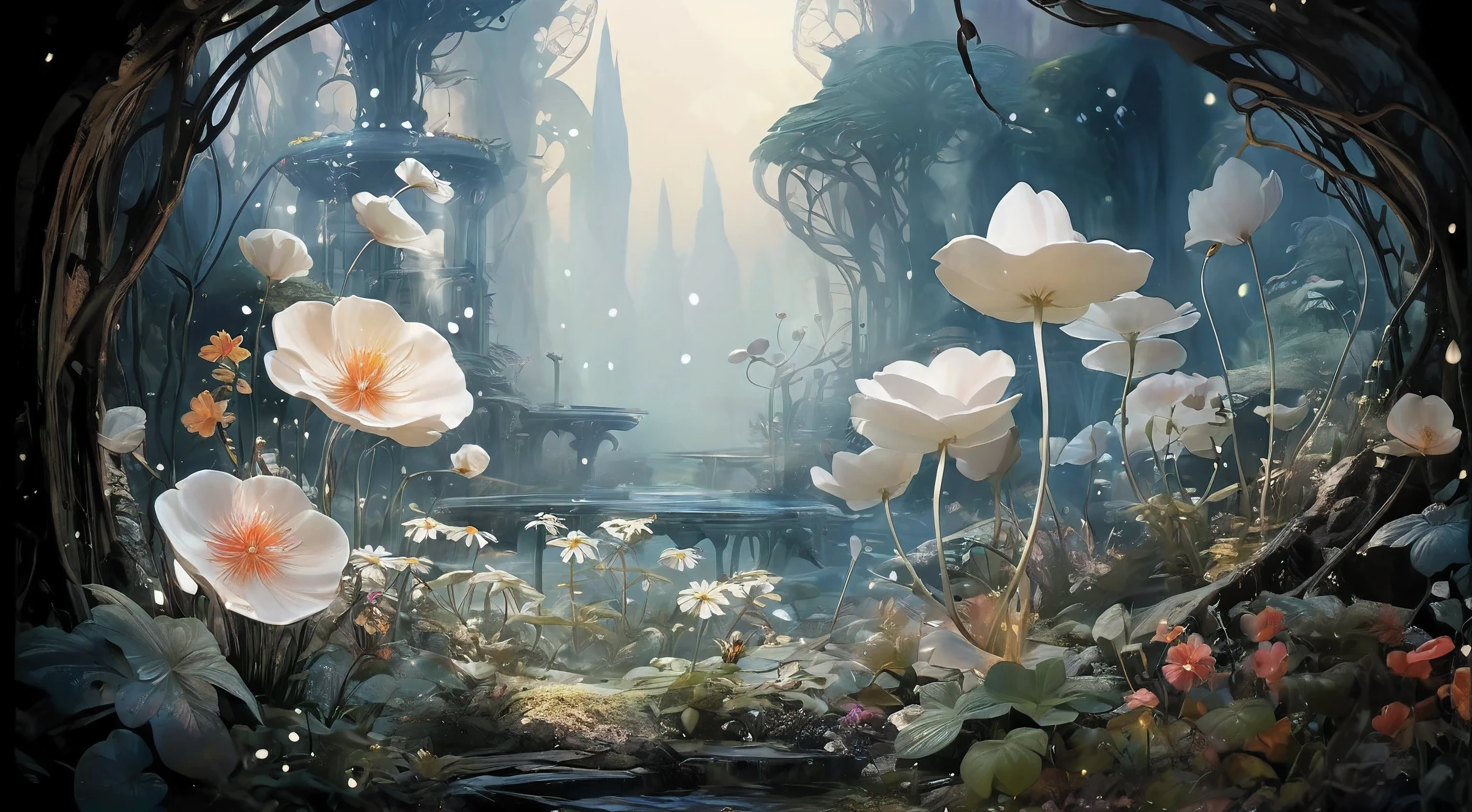 There is a picture of a garden with flowers and a fountain, magic flower, fantasy magic plants, magical environment, Flower Environment, magical fantasy forest, fantastic flower garden, enchanted magical fantasy forest, magic background, mysterious flower hill, Surreal wajji flower, magical landscape, dreamy and detailed, so magical and dreamy, Stunning Arcanum background